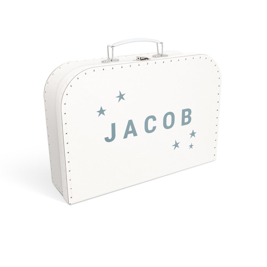 Valigetta per bambini Valigia giocattolo stampata bianca con maniglia bianca, chiusura in metallo e borchie decorative. Personalizzata con il nome Jacob e stelle grigie.