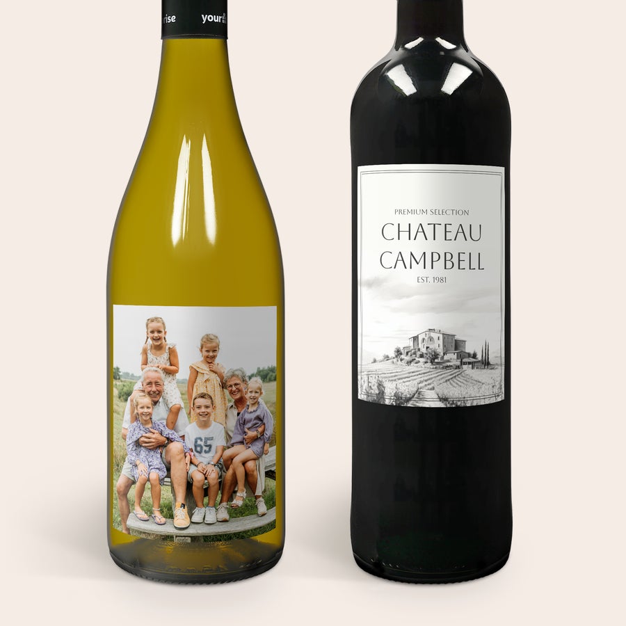 Maison de la Surprise Chardonnay & Merlot Maison de la Surprise borkészlet személyre szabott címkével, fotóval és 65-ös számmal nyomtatva