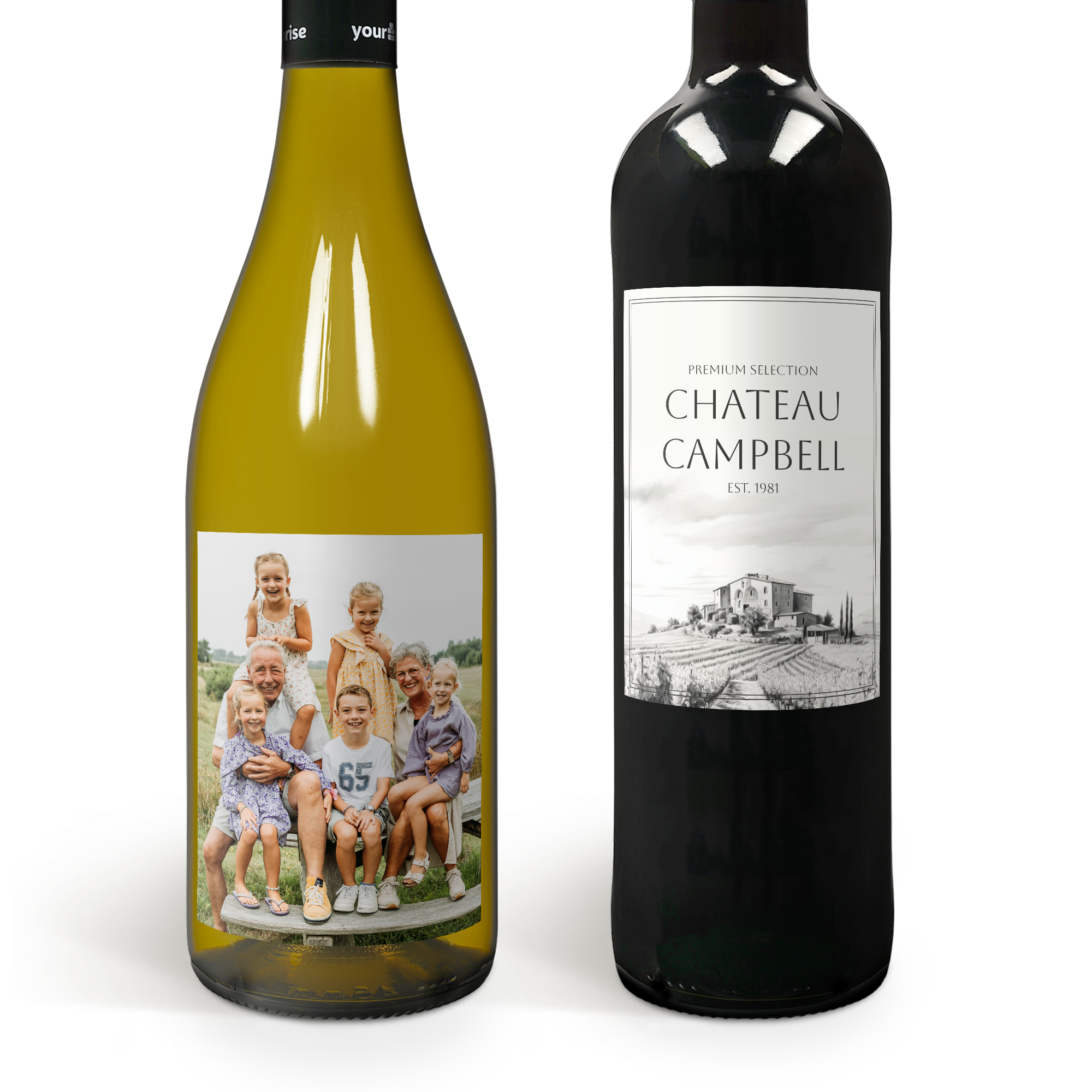 Garrafas de vinho Chardonnay e Merlot com rótulos fotográficos personalizados para surpreender entes queridos.
