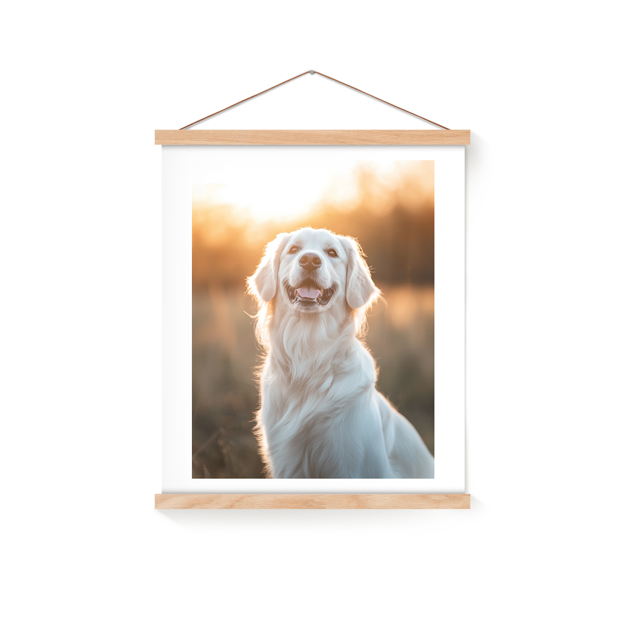 Póster fotográfico personalizado de un perro Golden Retriever, impreso y colgado con un práctico colgador magnético de madera.