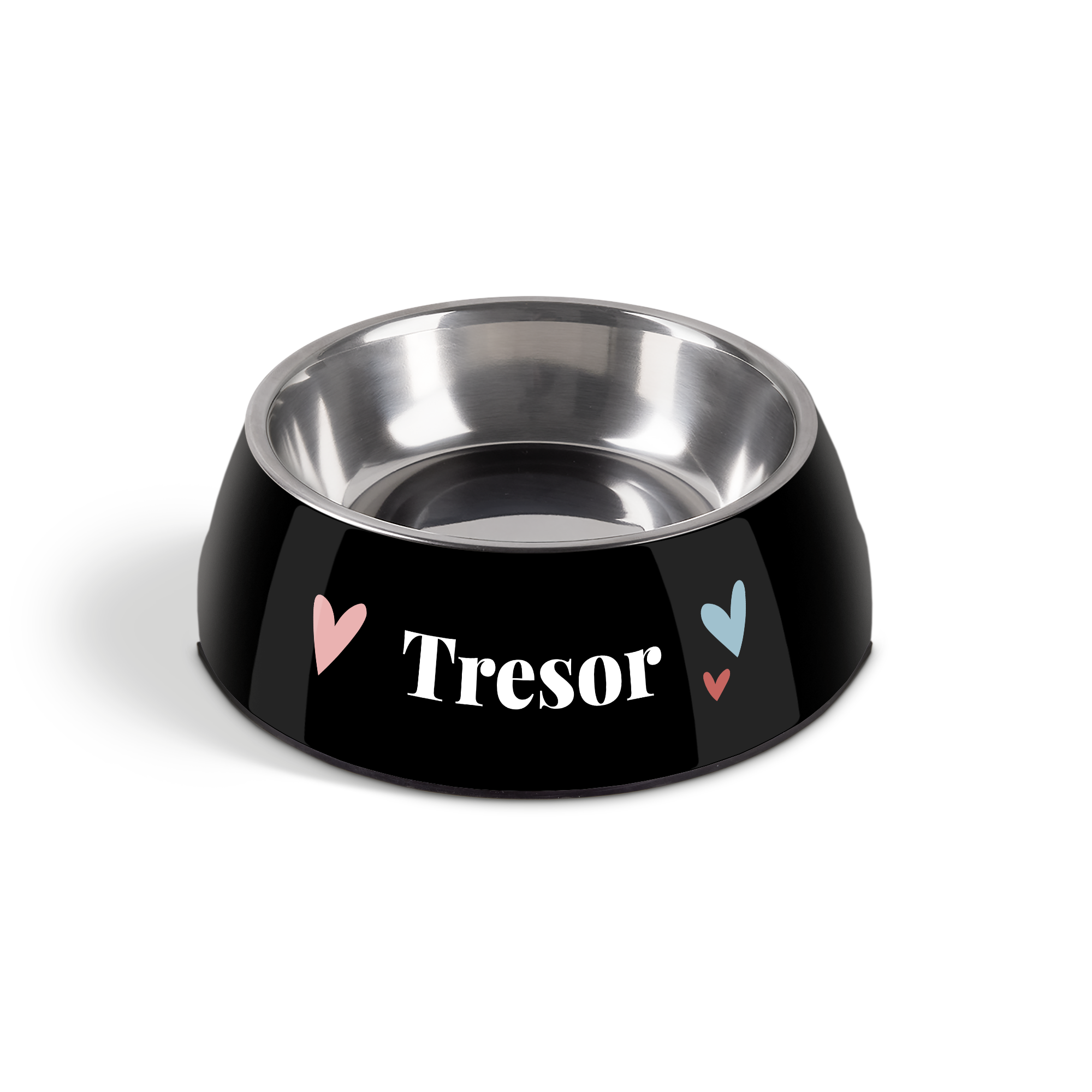 Gamelle pour chien personnalisée - Noir - 350 ml avec le nom "Tresor" et des cœurs colorés, imprimée pour votre animal.