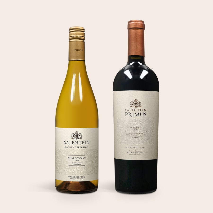 Salentein Pinot Noir & Chardonnay Dos botellas de vino Salentein, una de Chardonnay y otra de Malbec, para una caja de vino grabada.