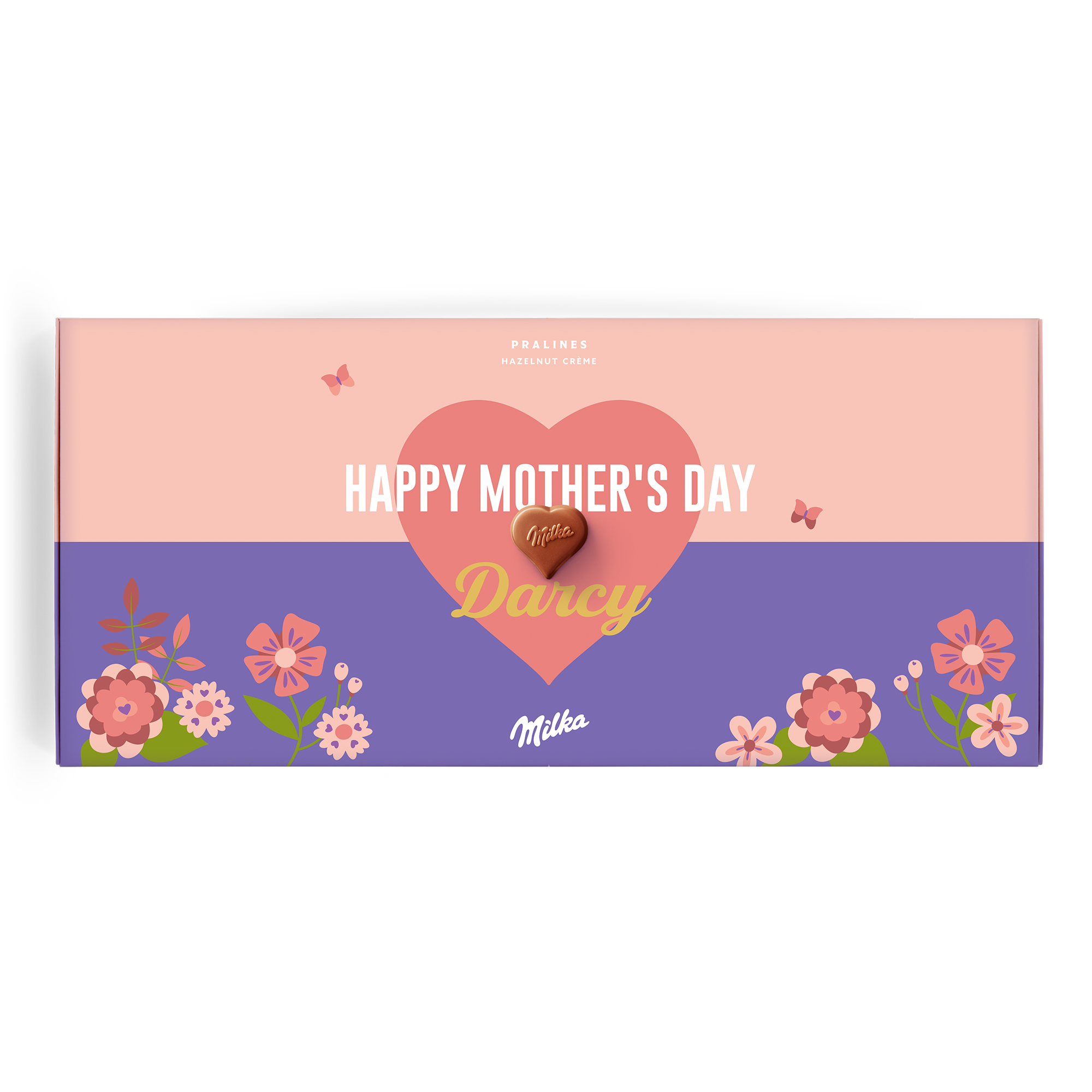 Caixa de presente de chocolate Say it with Milka personalizada com "Happy Mother's Day Darcy" impressa na capa.