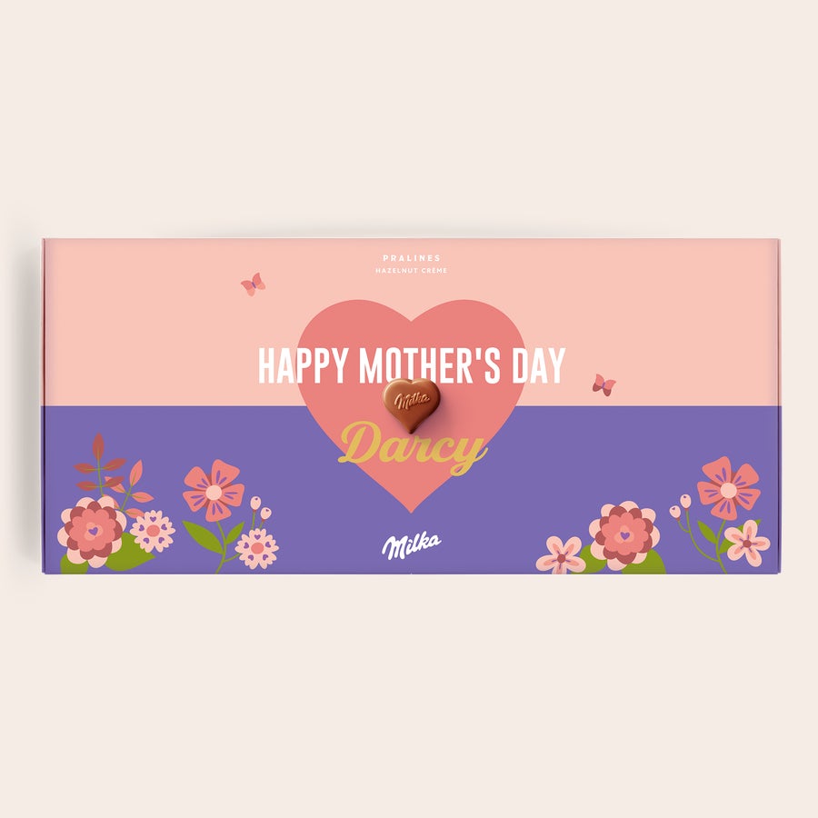 Praline Milka Ziua Mamei Cutie cadou personalizata cu ciocolata Milka pentru mama, imprimata cu textul Happy Mother's Day si numele Darcy.