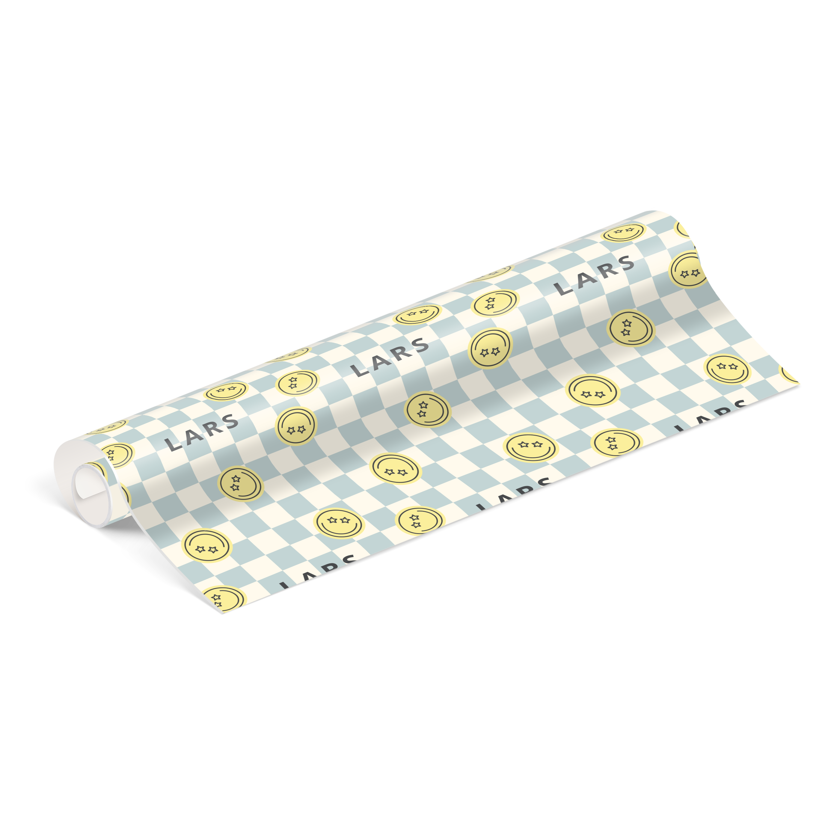 Gerolltes Geschenkpapier mit Foto selbst gestalten und Namen Lars, in Hellblau und Beige kariert mit gelben Smileys bedruckt.