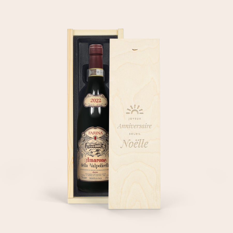 Vin Farina Amarone Valpolicella personnalisé Coffret bois avec bouteille Farina Amarone della Valpolicella - Couvercle gravé personnalisé joyeux anniversaire Noëlle