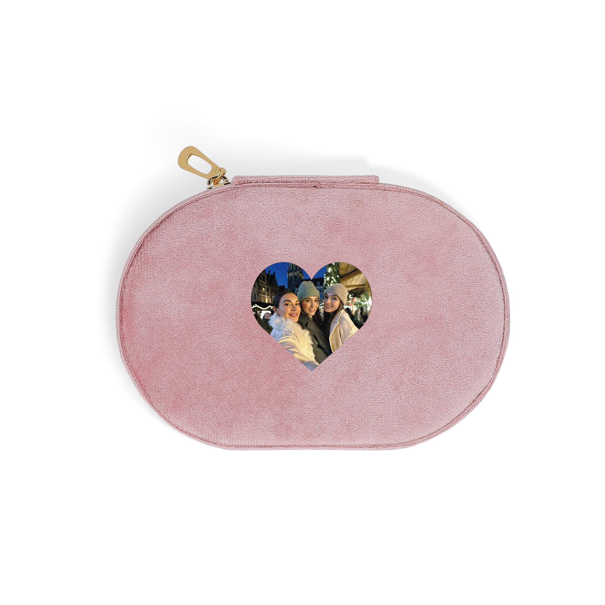 Gepersonaliseerde sieradendoos - Ovaal - Roze met hartvormige foto-uitsnede van drie vriendinnen, perfect om je eigen foto toe te voegen.