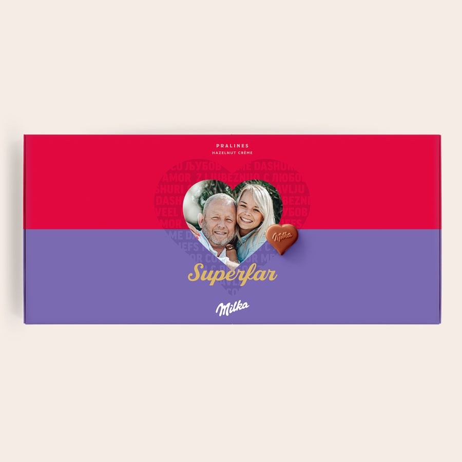 Milka Pralines Love Milka chokolade gaveæske trykt med et personligt billede og teksten Superfar.