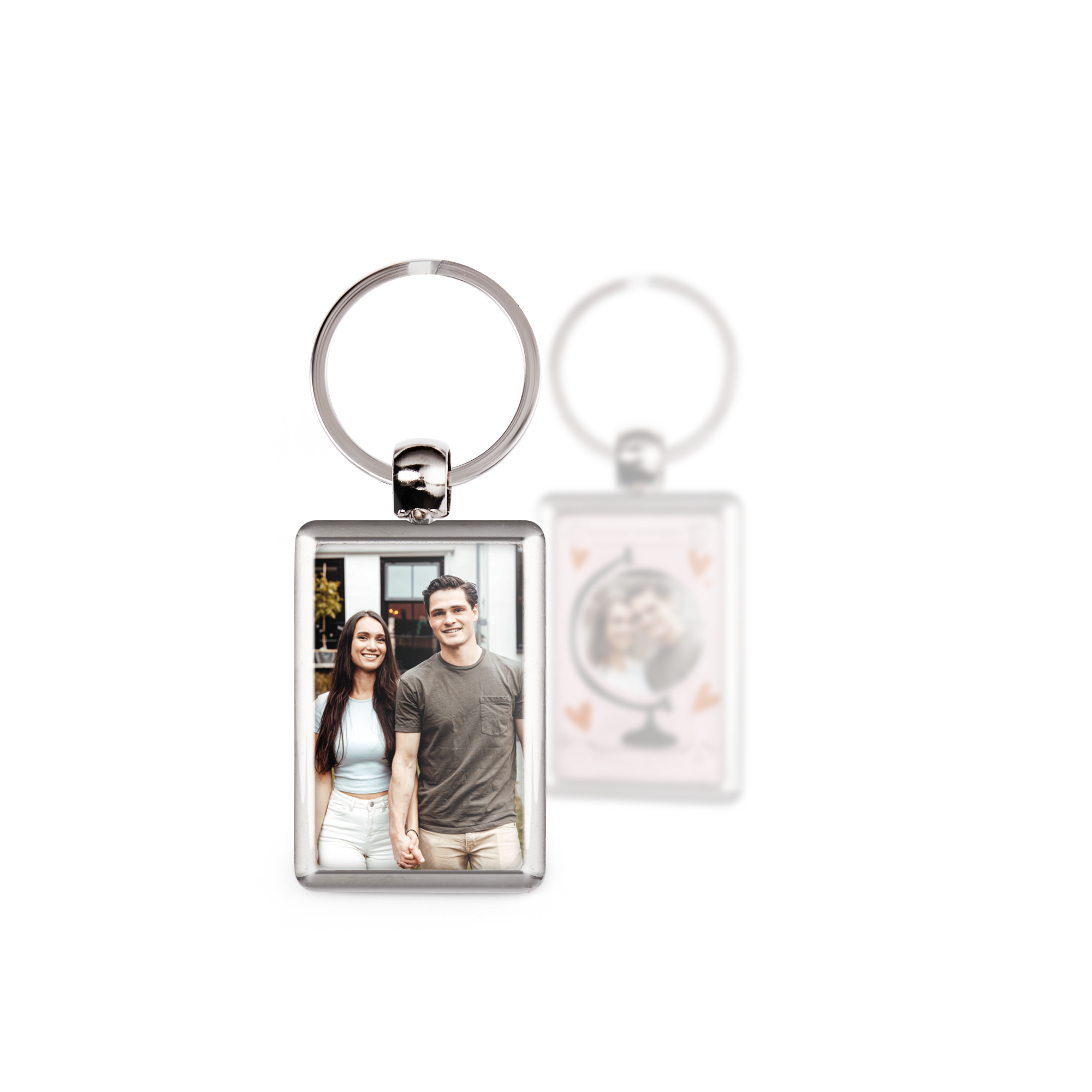 Porte-clé photo en inox avec une impression recto-verso personnalisée d'un couple souriant et d'un globe terrestre