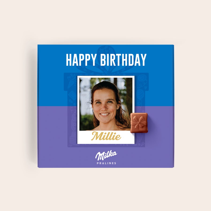 Milka Praliinit Syntymäpäivä Sano hyvää syntymäpäivää henkilökohtaisella Milka-suklaalahjalla, valokuva ja nimi Millie laatikossa