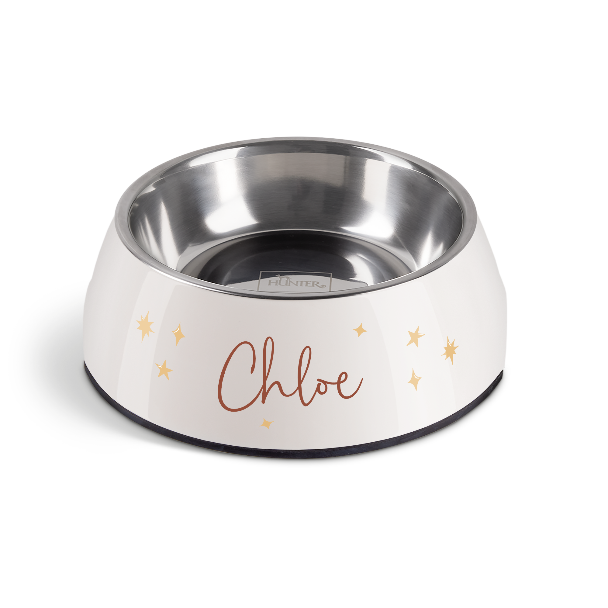 Bol de hrănire personalizat pentru câine, alb, din melamină cu vas din inox, imprimat cu numele "Chloe" și steluțe aurii.
