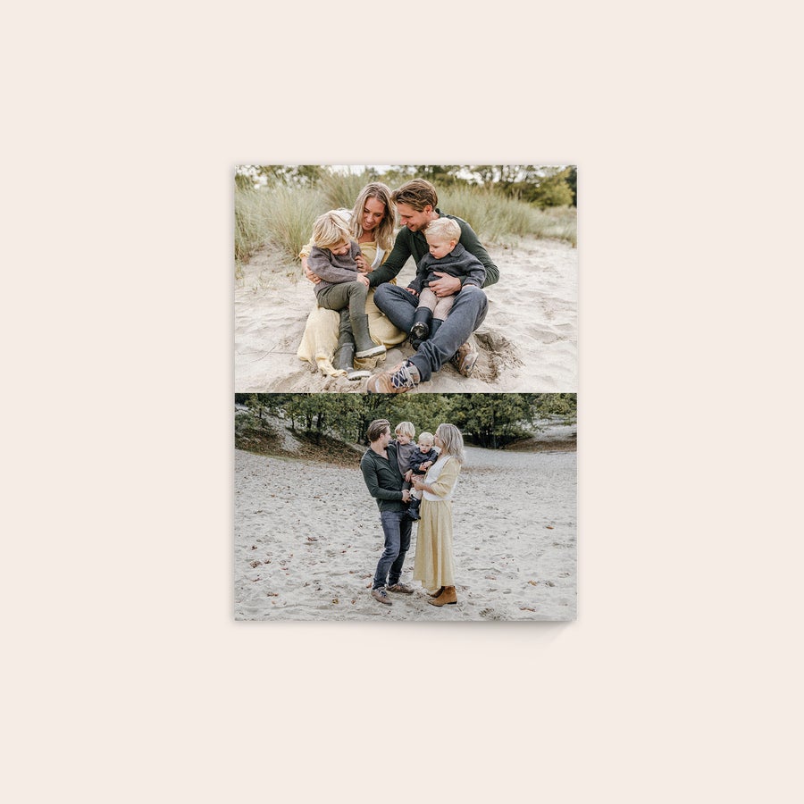 Foto op hout afdrukken Jouw favoriete foto afdrukken op hout met een blije familie op het strand, collage van 2 foto's.