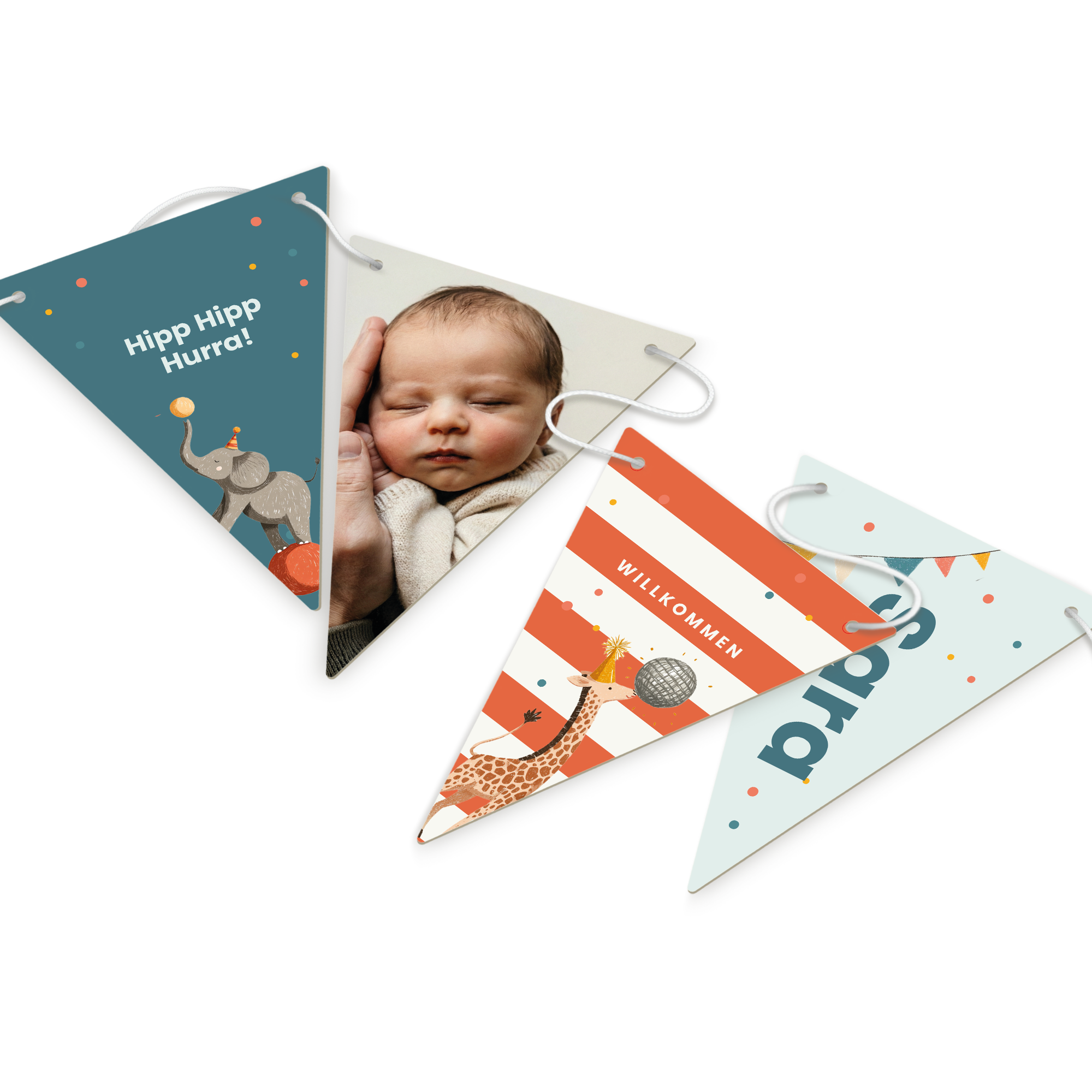 Personalisierte Girlande Dreieck M 10 m mit Foto und Namen Sara bedruckt, dazu Elefant und Giraffe