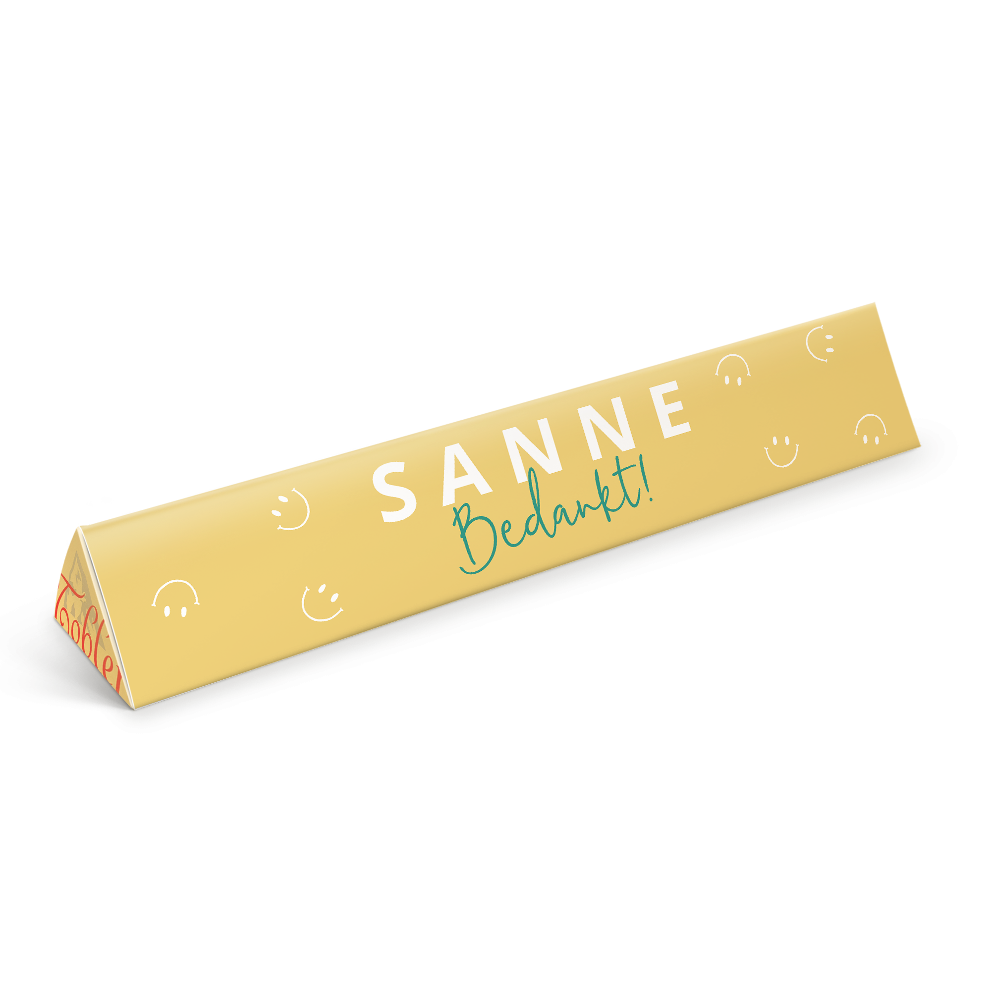 Gepersonaliseerde Toblerone chocoladereep met de tekst SANNE Bedankt! gedrukt op de wikkel