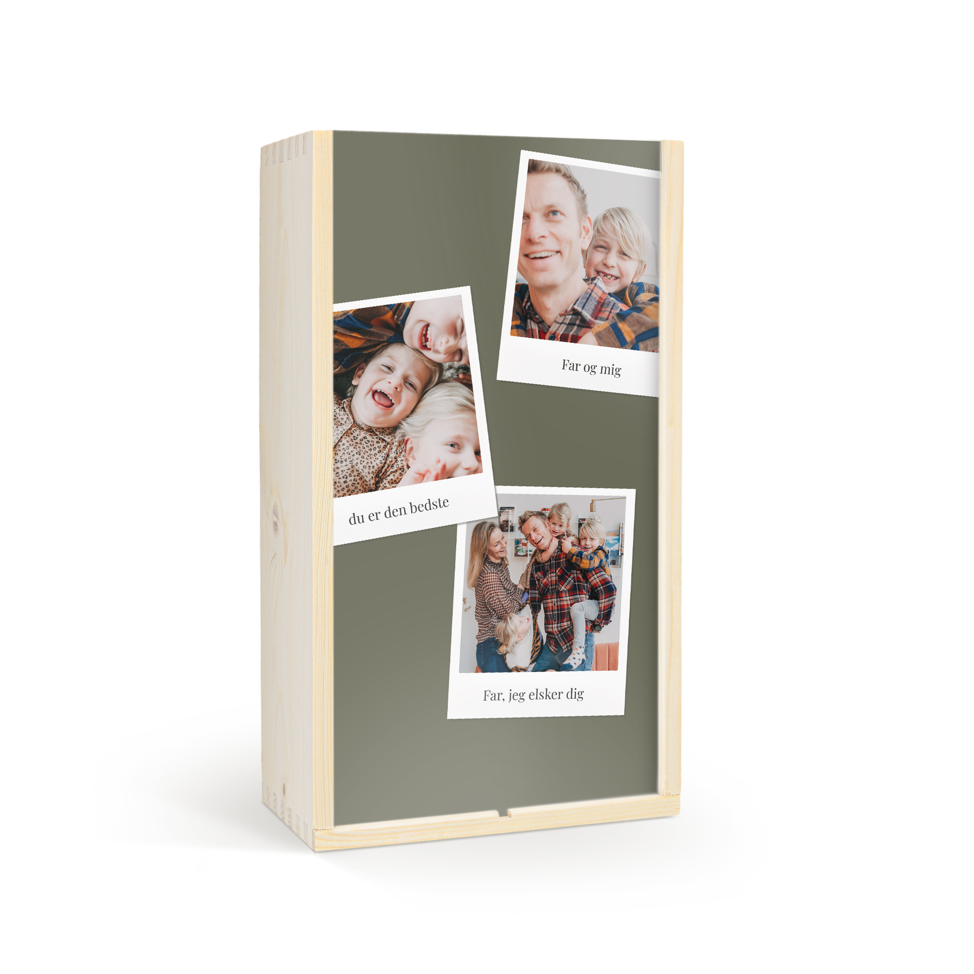 Personlig vin trækasse påtrykt med fotos og teksterne "Far og mig", "du er den bedste" og "Far, jeg elsker dig"