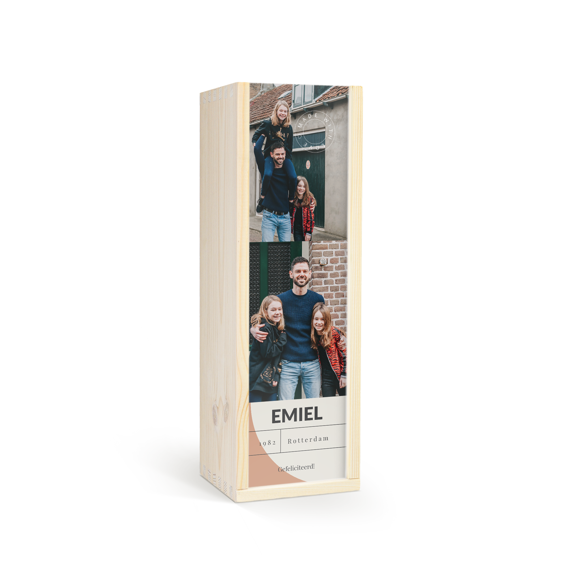 Whisky in bedrukte kist met foto van een gezin en gepersonaliseerde tekst Emiel, 1982, Rotterdam, Gefeliciteerd!