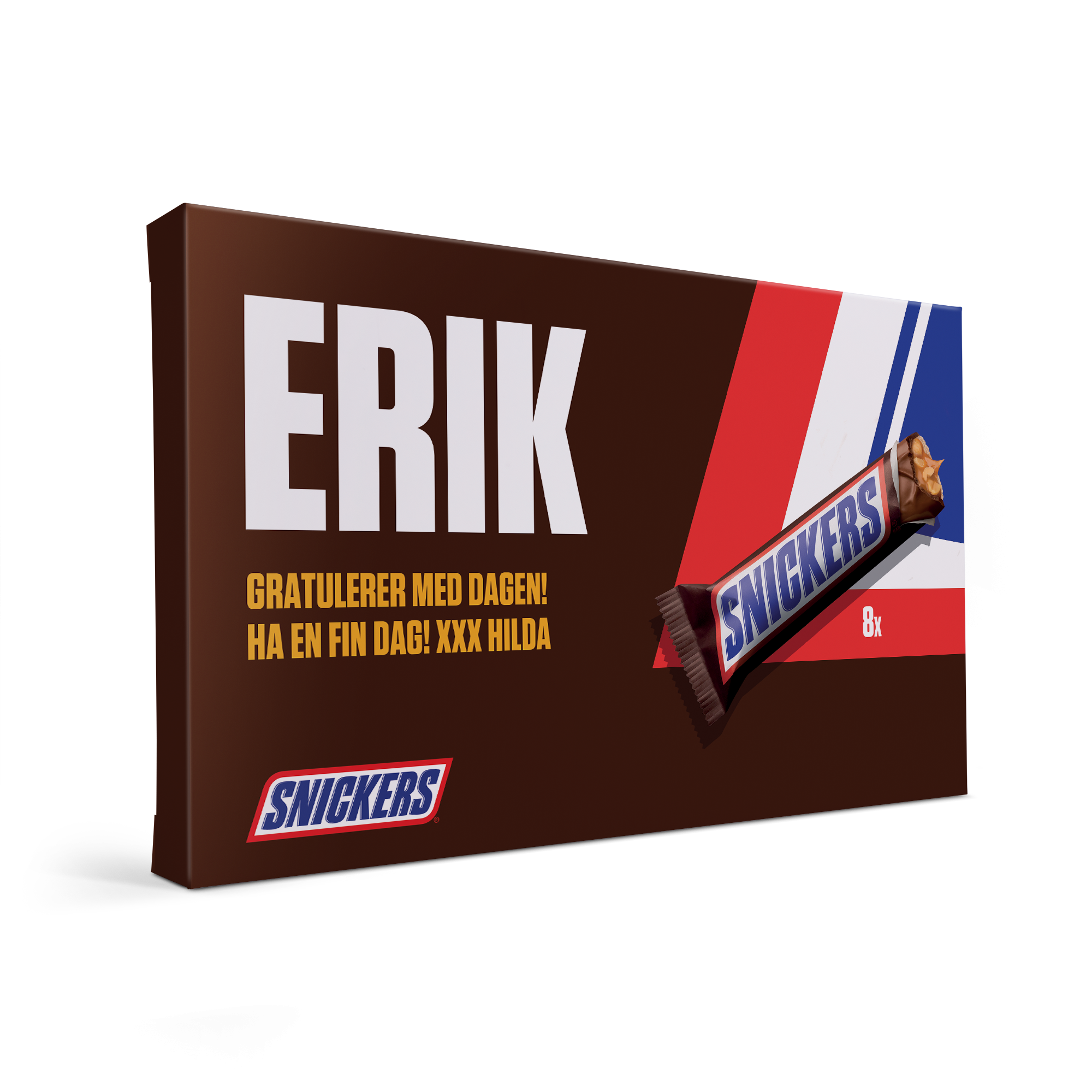 Personlig tilpasset Snickers gaveeske med navn Erik og gratulasjonsmelding, trykt på brun emballasje.