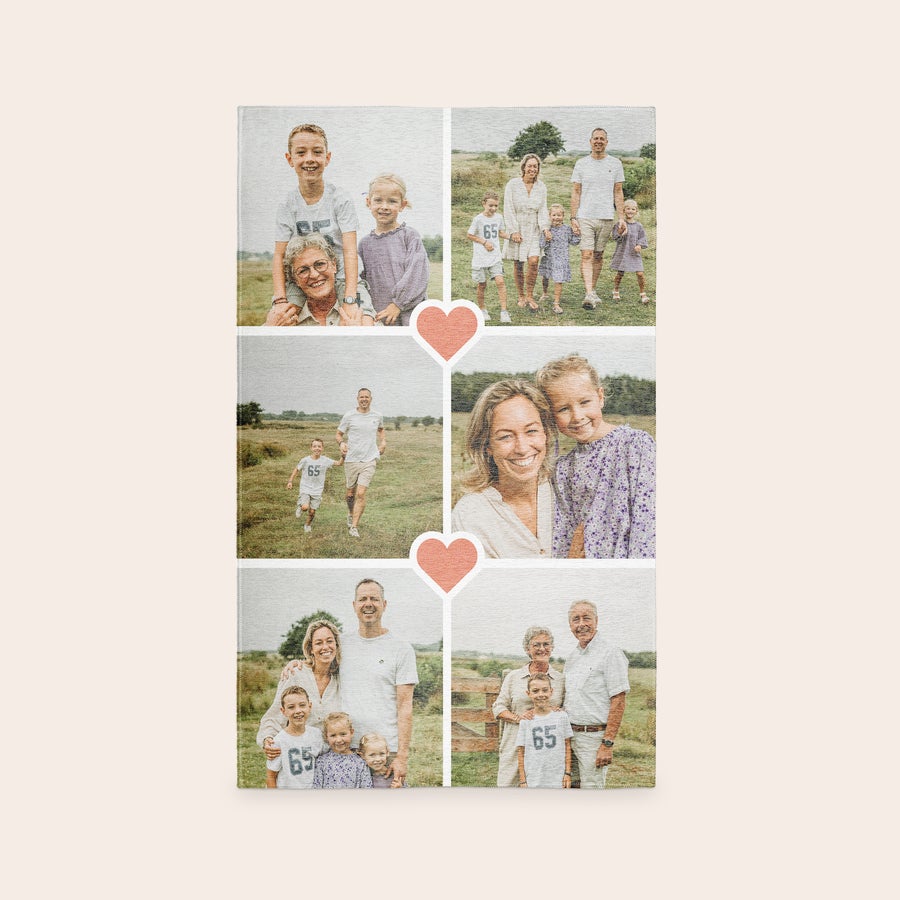 Potiskana preproga Personalizirana preproga s tiskanimi družinskimi fotografijami in srcem, spremenite svoj najljubši spomin v prijeten talni element.