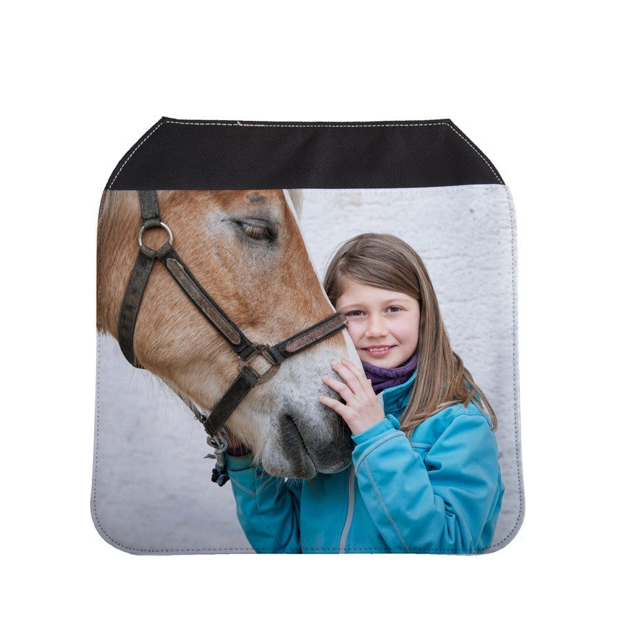 Ekstra deksel til personlig veske med foto trykt av en jente og en hest.