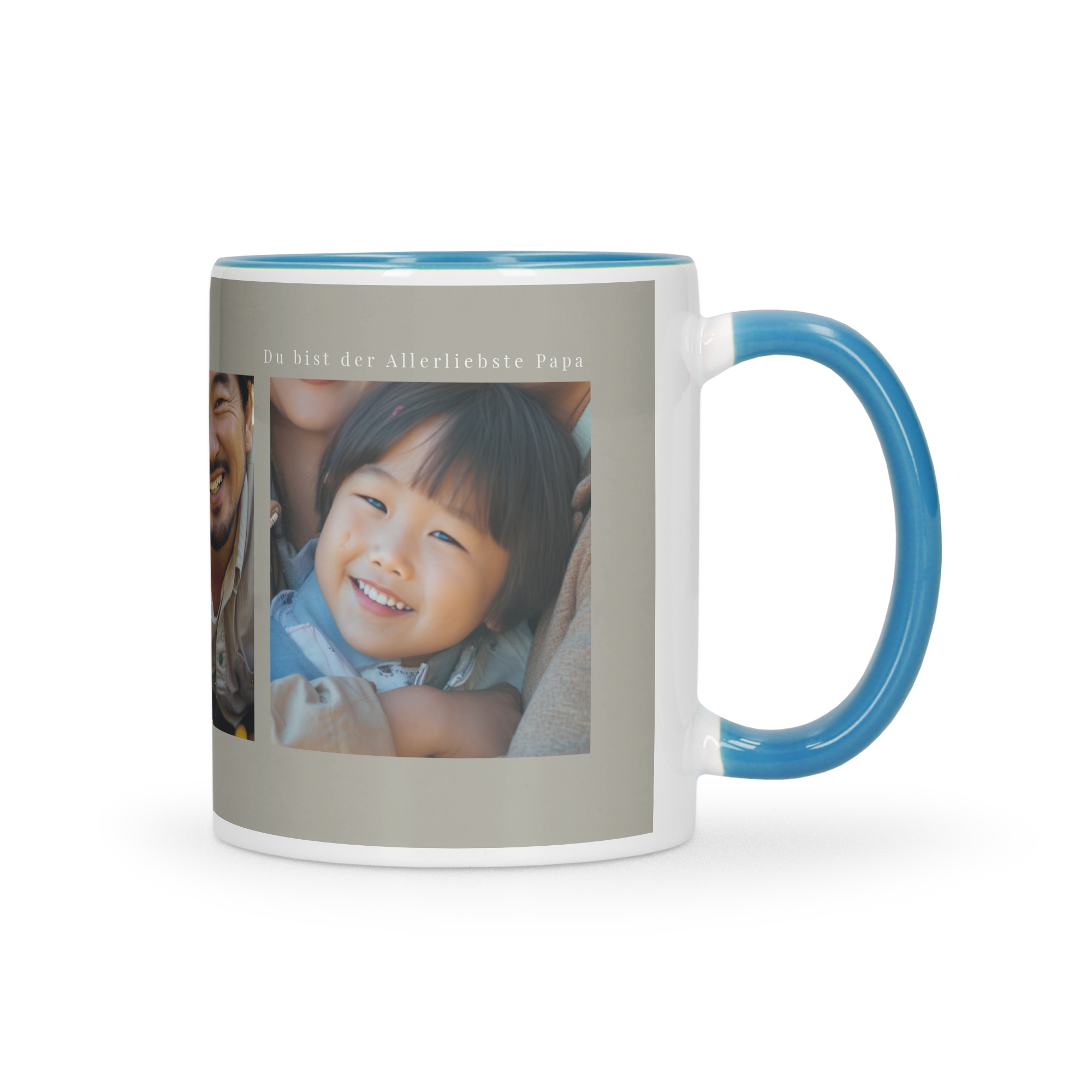 Personalisierte Tasse mit Foto bedruckt zeigt ein Kind und den Text "Du bist der Allerbeste Papa".