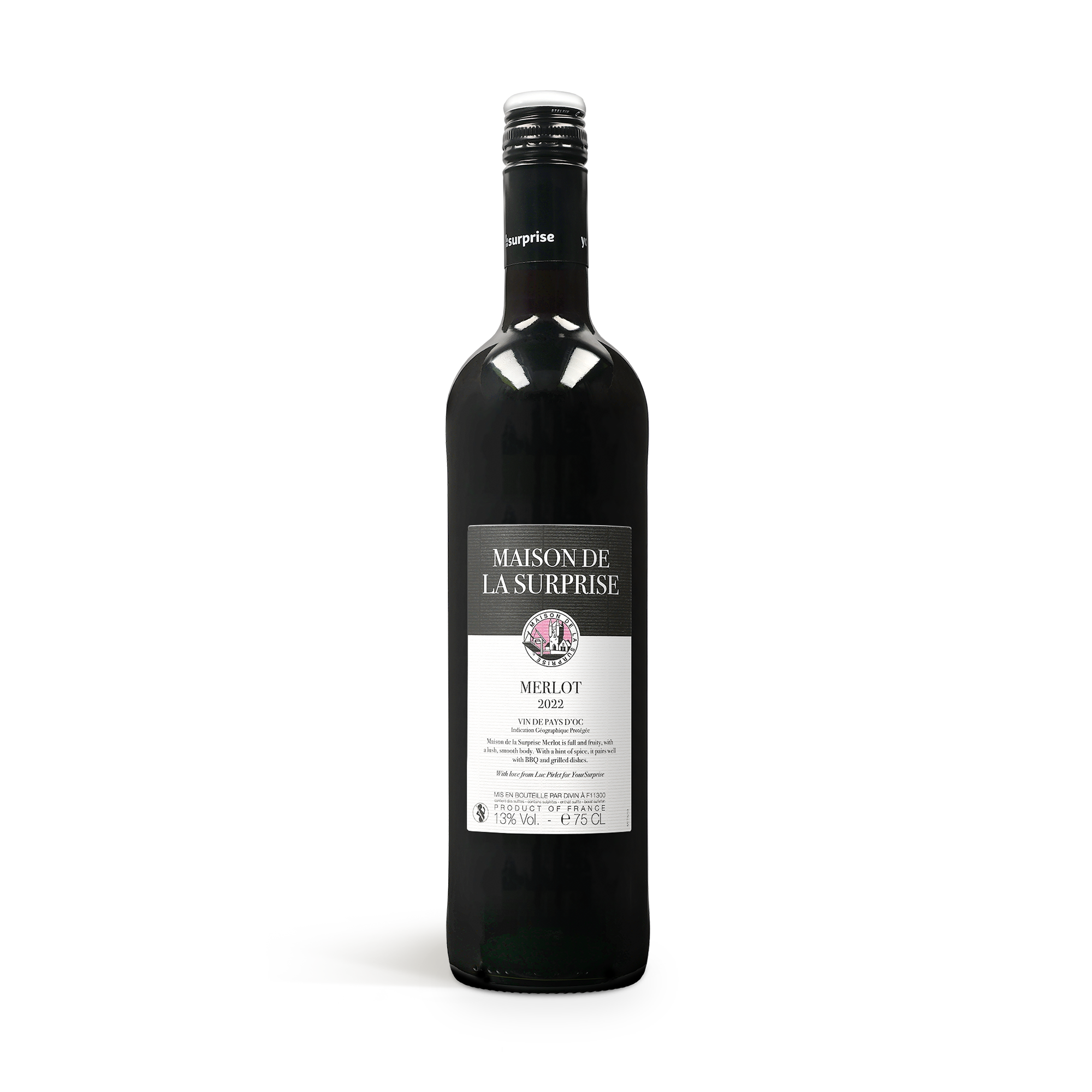 Garrafa de vinho Maison de la Surprise Merlot 2022 com rótulo personalizado para surpreender os seus entes queridos