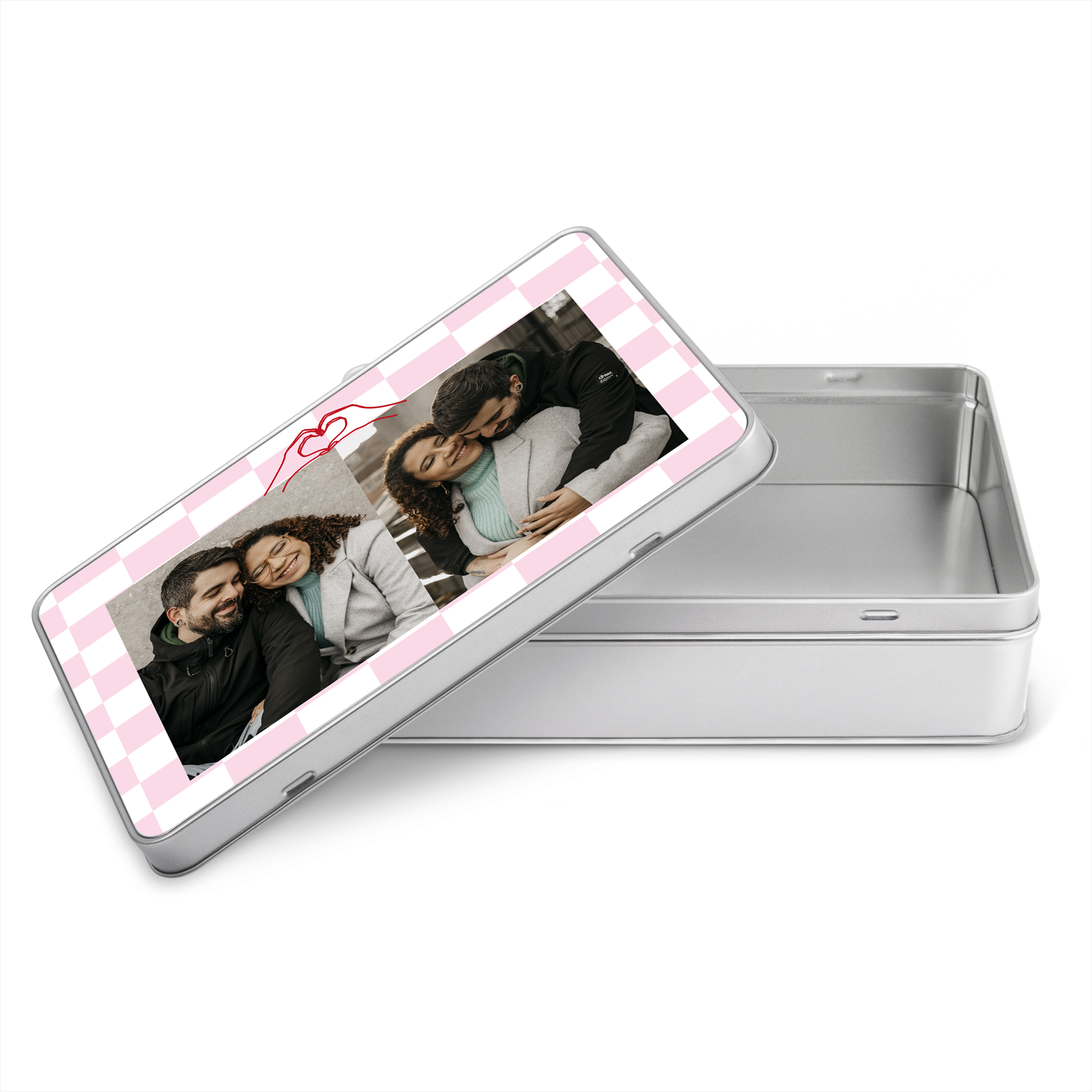 Rechthoekig bewaarblik met foto van een koppel en roze geblokt patroon, gepersonaliseerd met een foto.