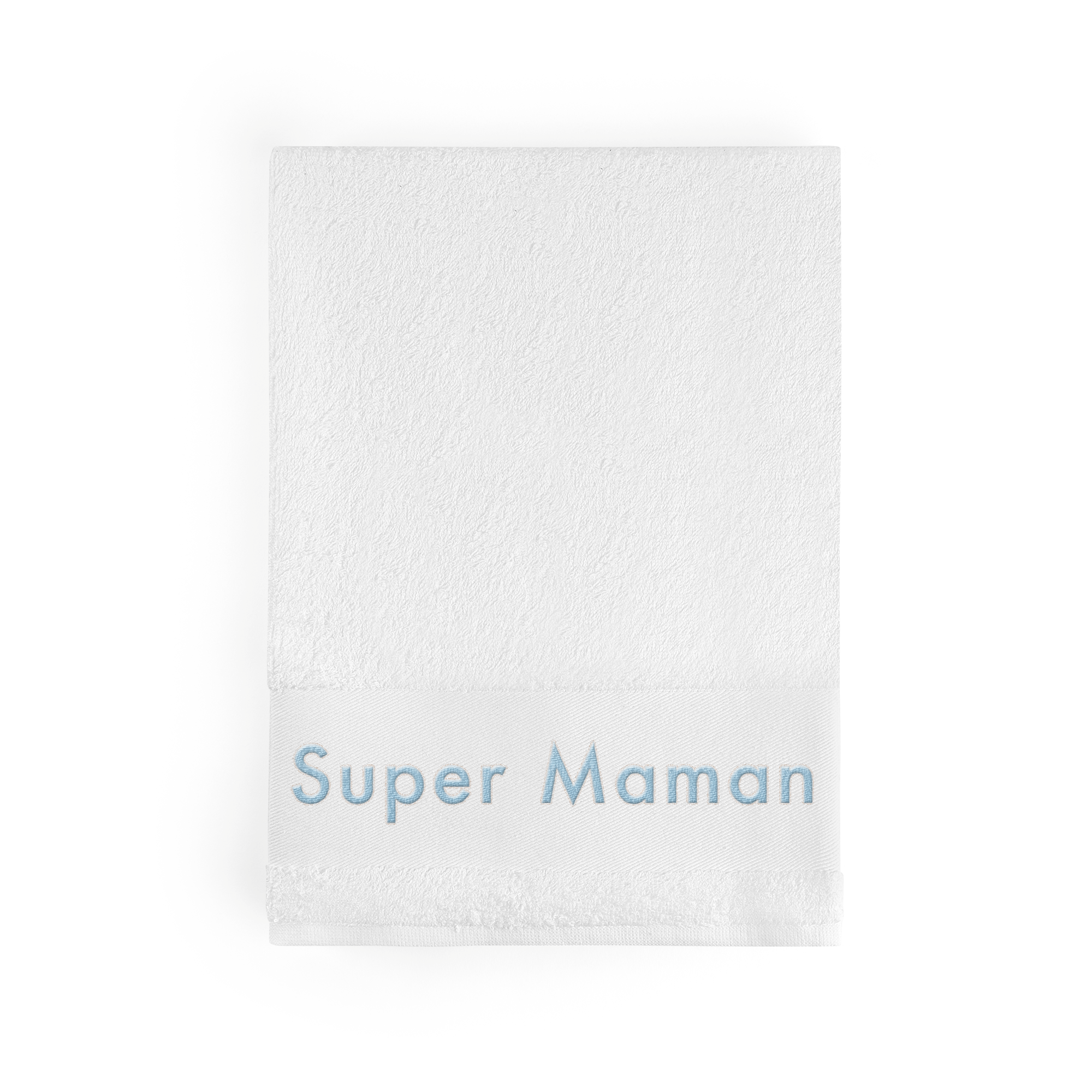 Serviette de bain blanche personnalisée brodée "Super Maman" en bleu clair