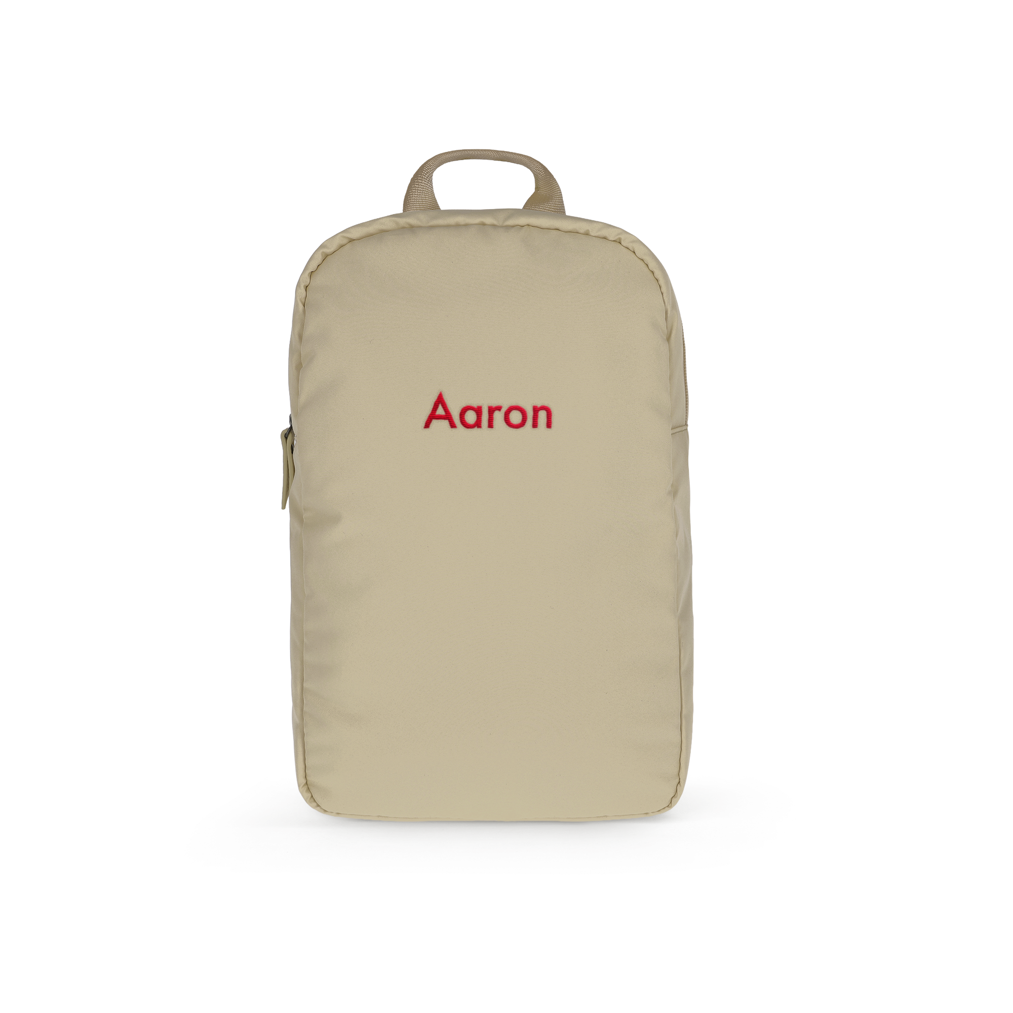 Personalised puffer backpack - Children - Taupe with Aaron embroidered in red.