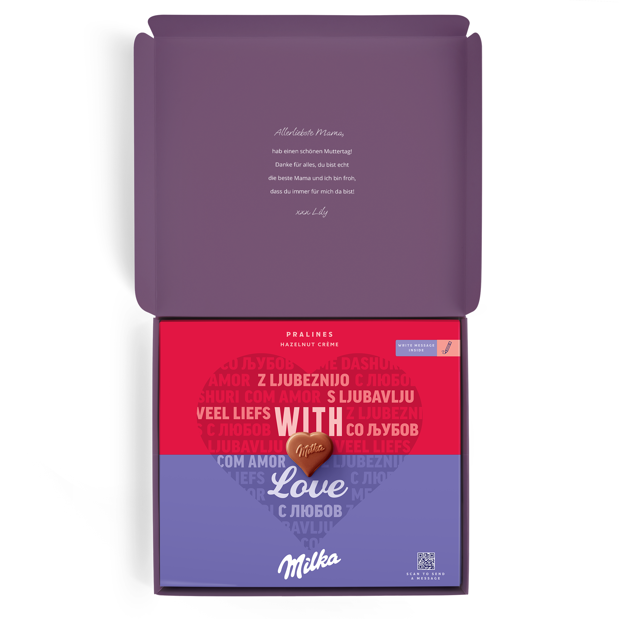 Milka-Geschenkbox mit Pralinen, bedruckt mit "Allerliebste Mama" und Unterschrift Lily, für den Muttertag.