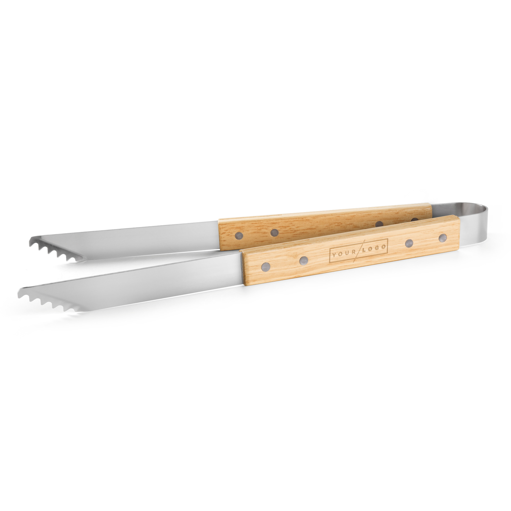Grillzange mit Holzgriff und persönlicher Gravur des Namens "YOUR LOGO" auf dem Griff