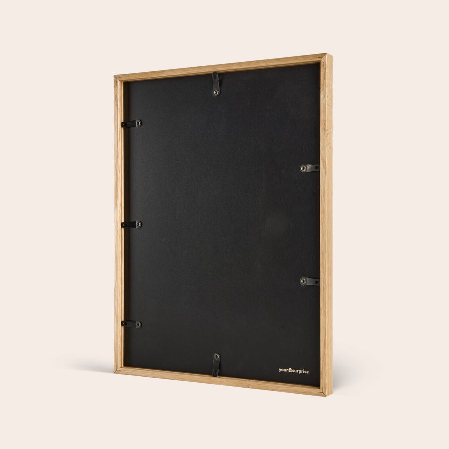 Fotodruck mit Rahmen Rückseite eines personalisierbaren Foto mit Rahmen aus Holz, mit Metallklammern zum Aufhängen
