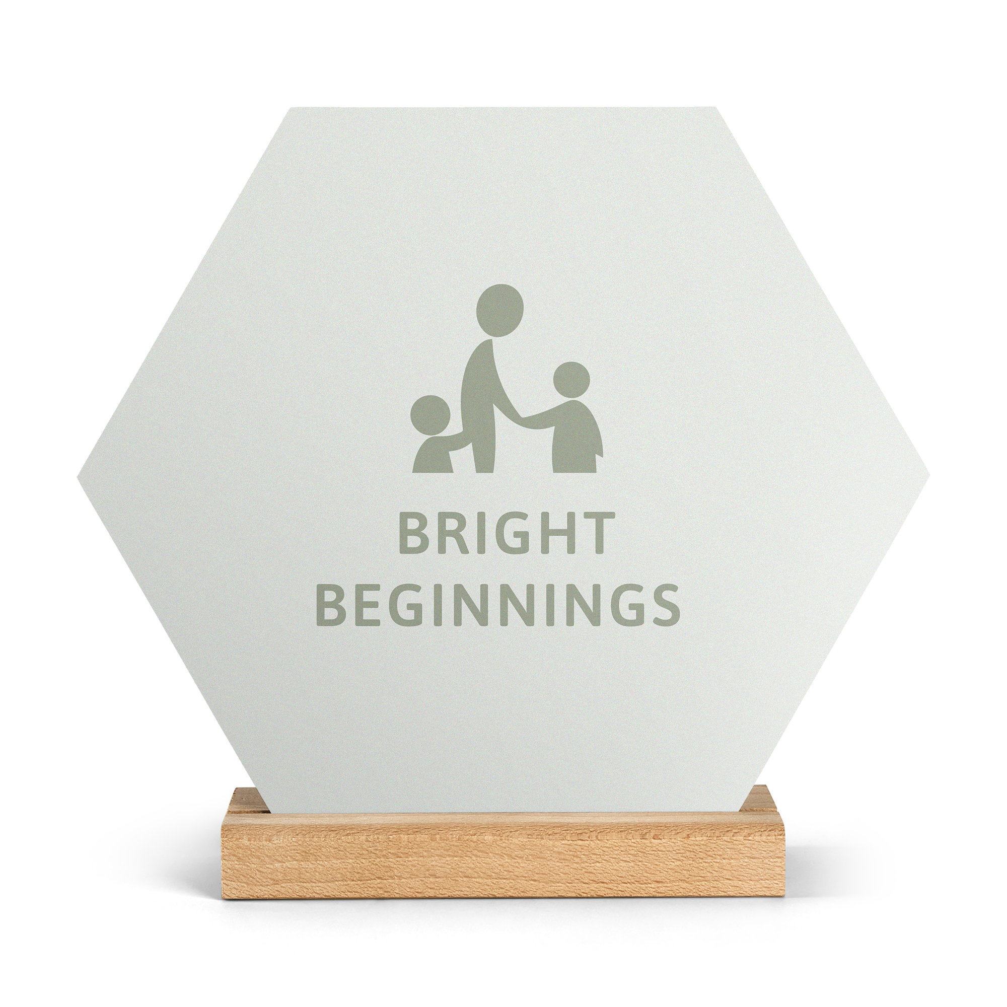 Tuile photo en bois hexagonale avec motif et texte Bright Beginnings personnalisables sur support en bois