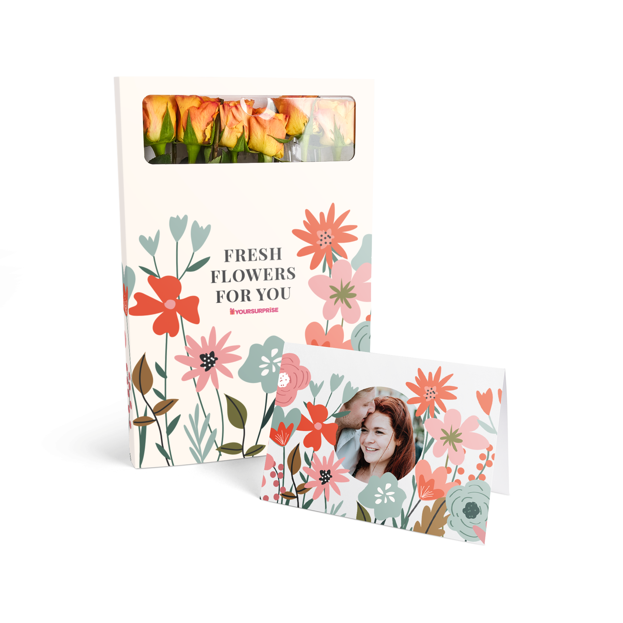 Brievenbusbloemen met persoonlijke kaart - Oranje rozen. Een bloemendoos met zichtvenster en een gepersonaliseerde kaart met foto.