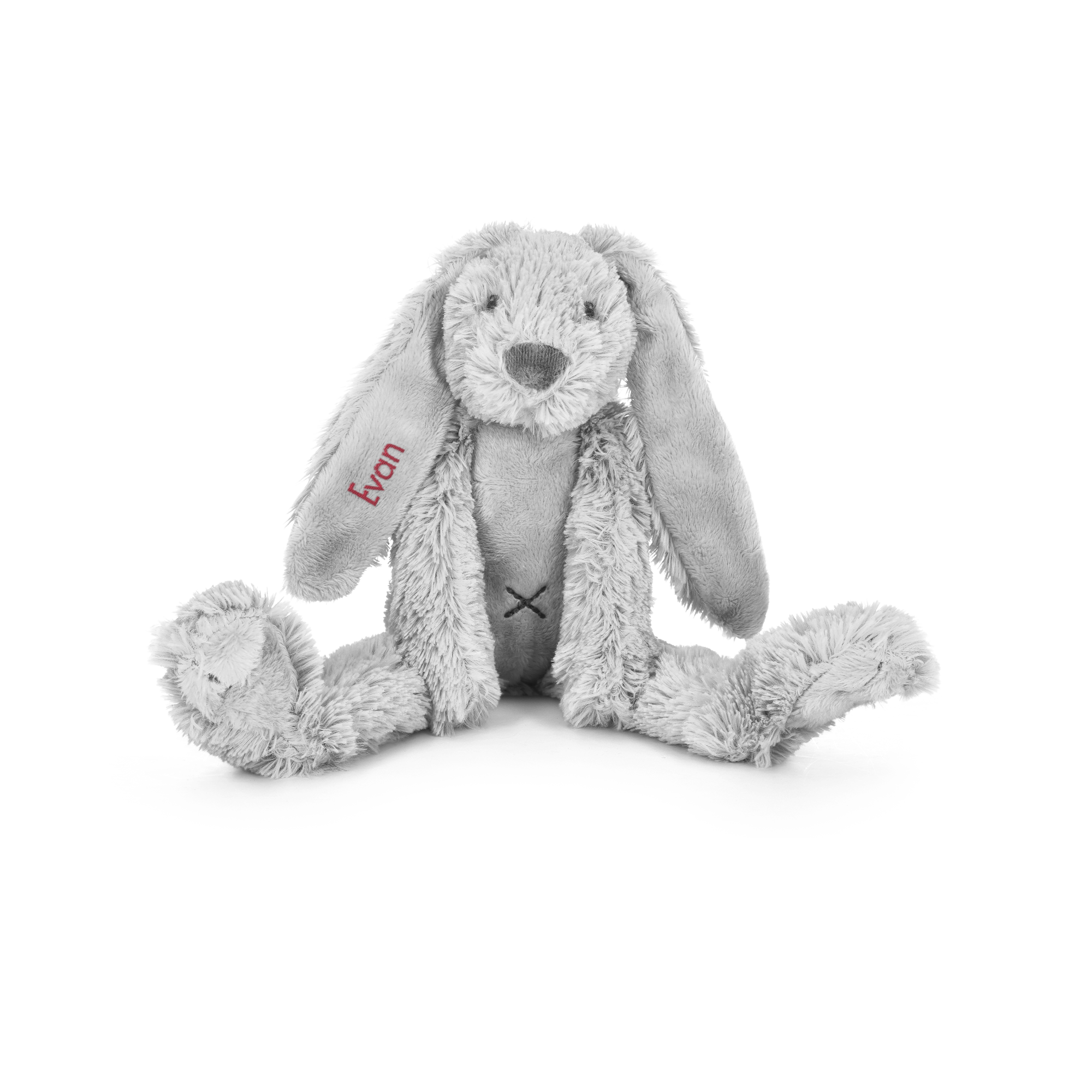 Jucărie personalizată Tiny Rabbit Richie, un iepure de pluș gri moale, cu numele Evan brodat cu roșu pe urechea dreaptă, ideală pentru drăgăliri nesfârșite.