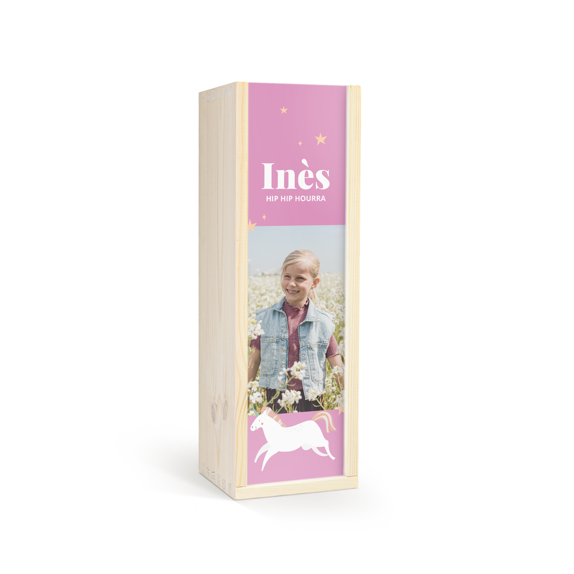 Bouteille de bulles pour enfants personnalisée en coffret en bois avec la photo d'une fille, le prénom Inès et un motif licorne.