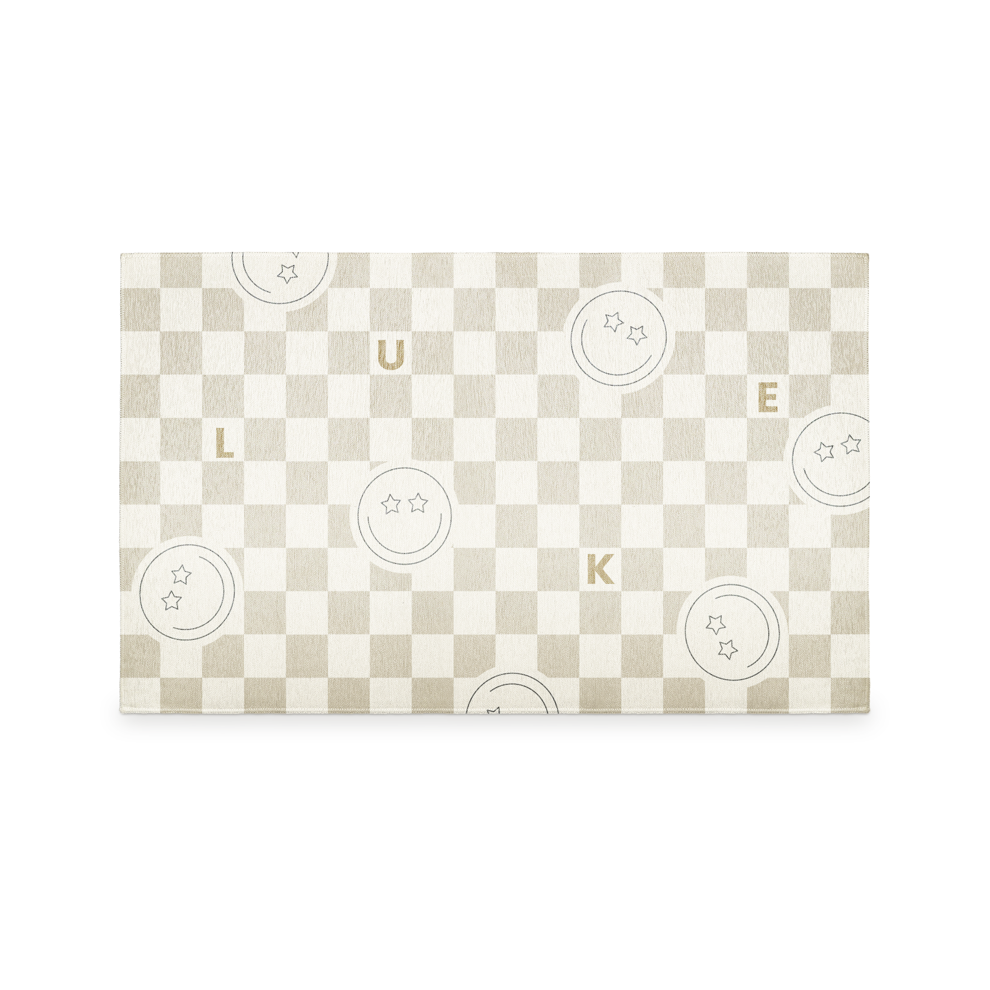 Personalisierter Spielmatte – 122 x 75 cm mit schachbrettartigem Design und dem Namen "LUKE" sowie Sternmotiven aufgedruckt.