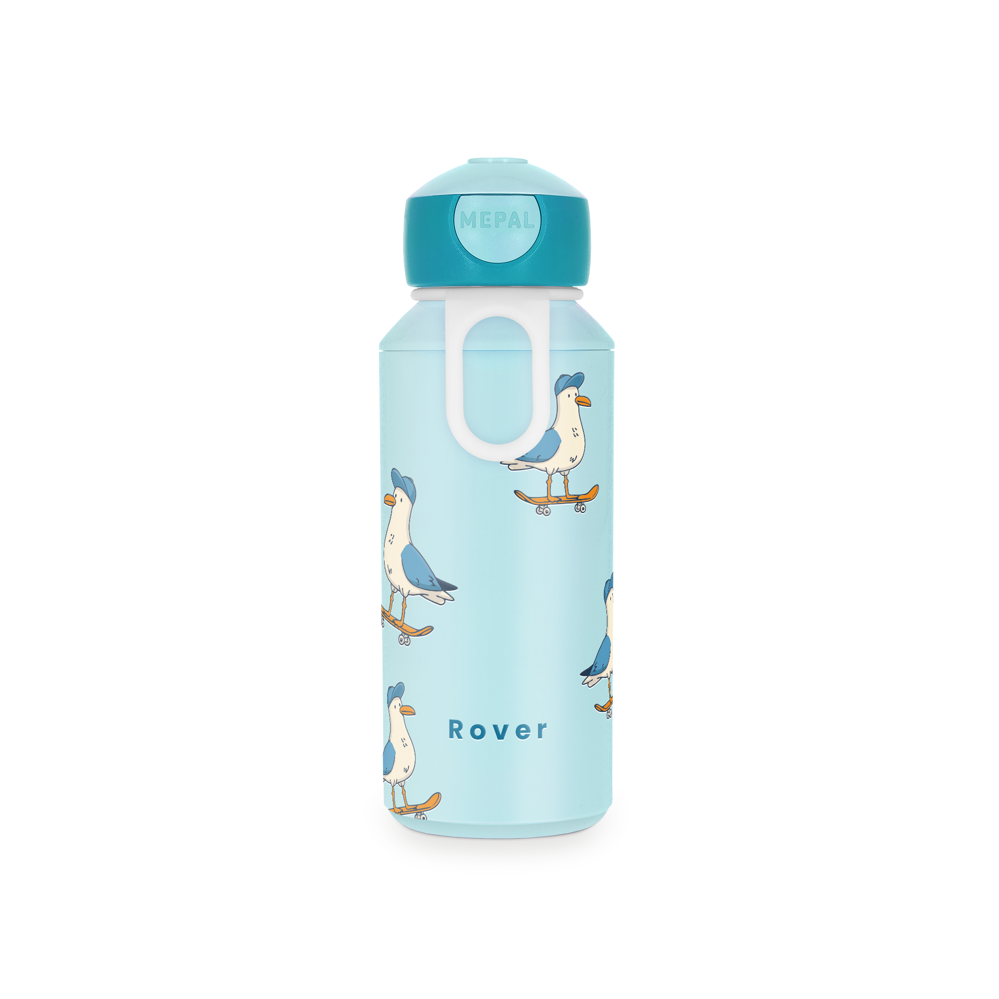 Light blue Mepal drinking bottle with printed seagulls on skateboards and the name Rover