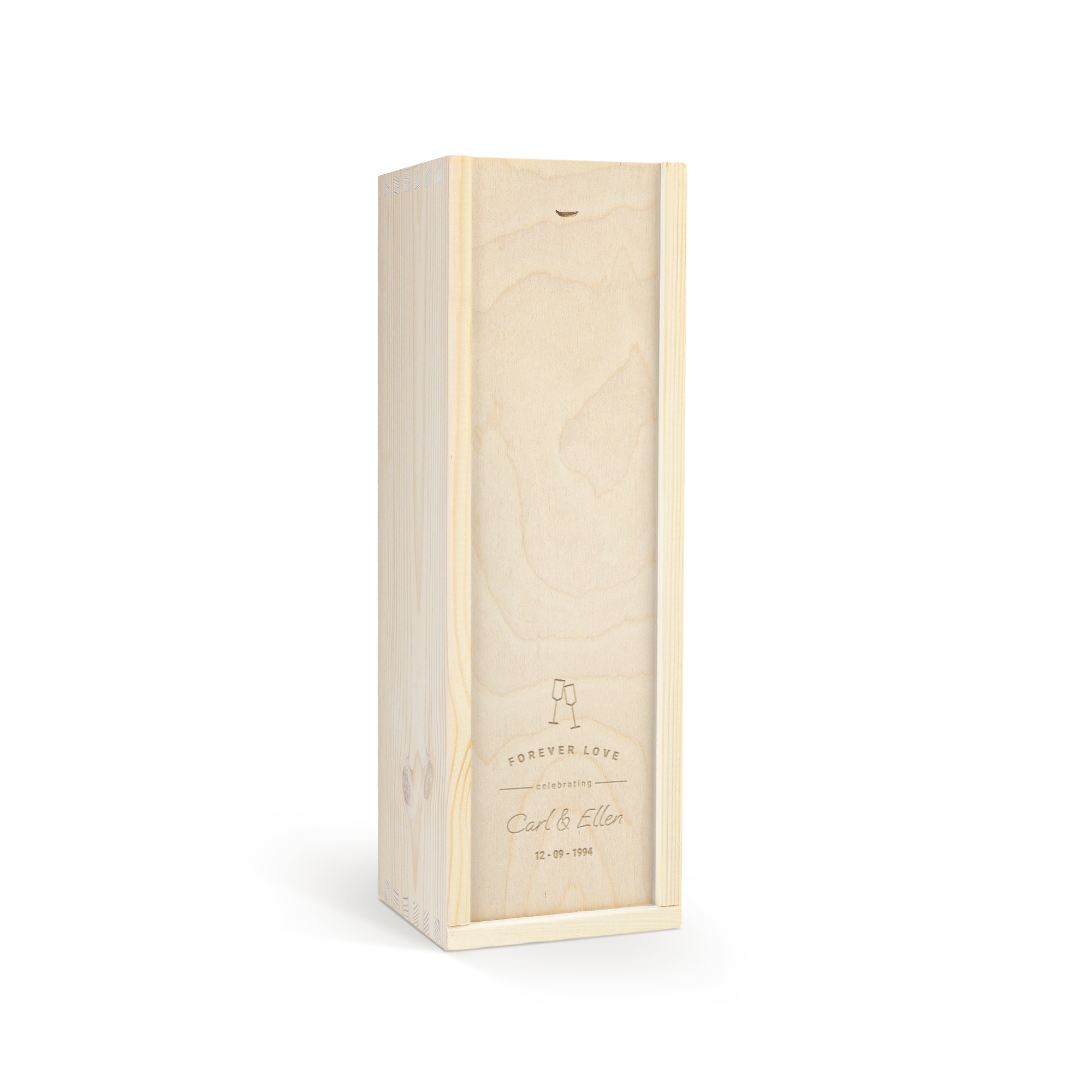 Caja de vino de lujo en madera clara con grabado de nombres "Carl & Ellen", fecha y copas para personalizar.