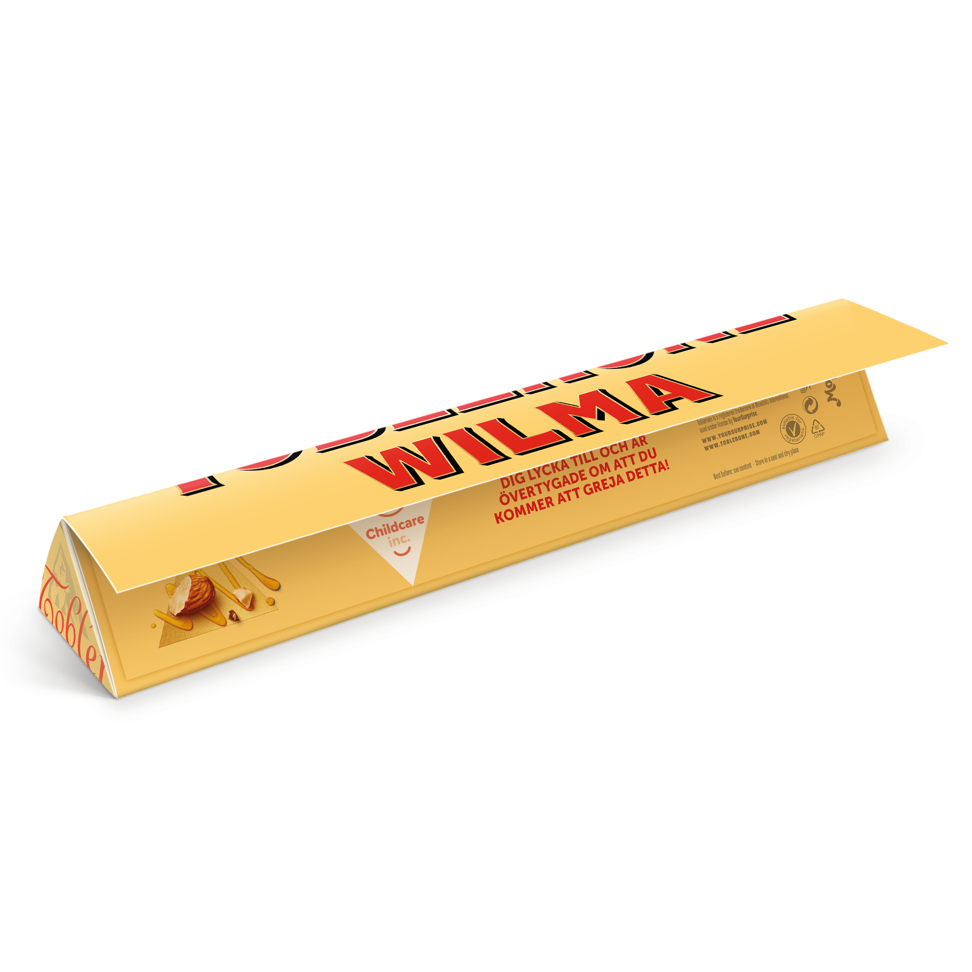 Personlig Toblerone med namn Wilma och text, en unik Toblerone med namn och bild som present.
