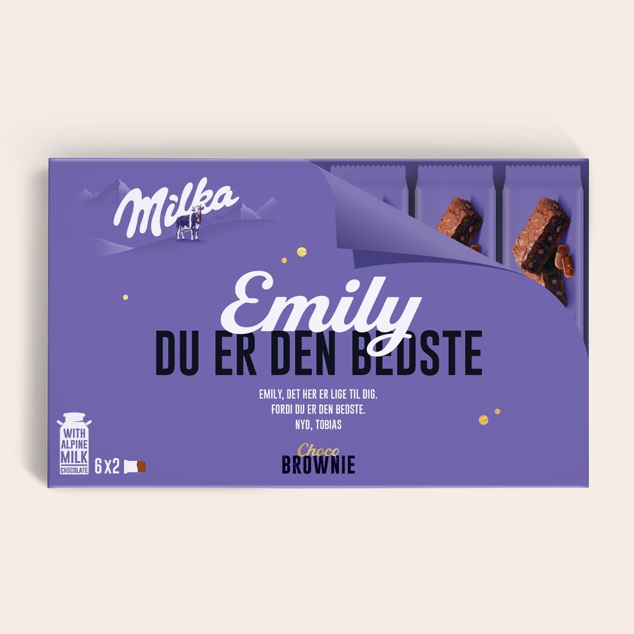 Milka Choco Brownie gaveæske Milka Choco Brownie gaveæske med Emily, Du er den bedste og personlig hilsen, printet design.
