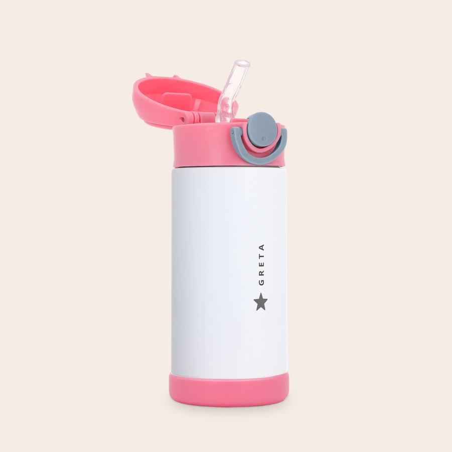 Kinderflasche Personalisierte Edelstahl-Trinkflasche für Kinder, weiß-rosa mit Name Greta und Stern bedruckt
