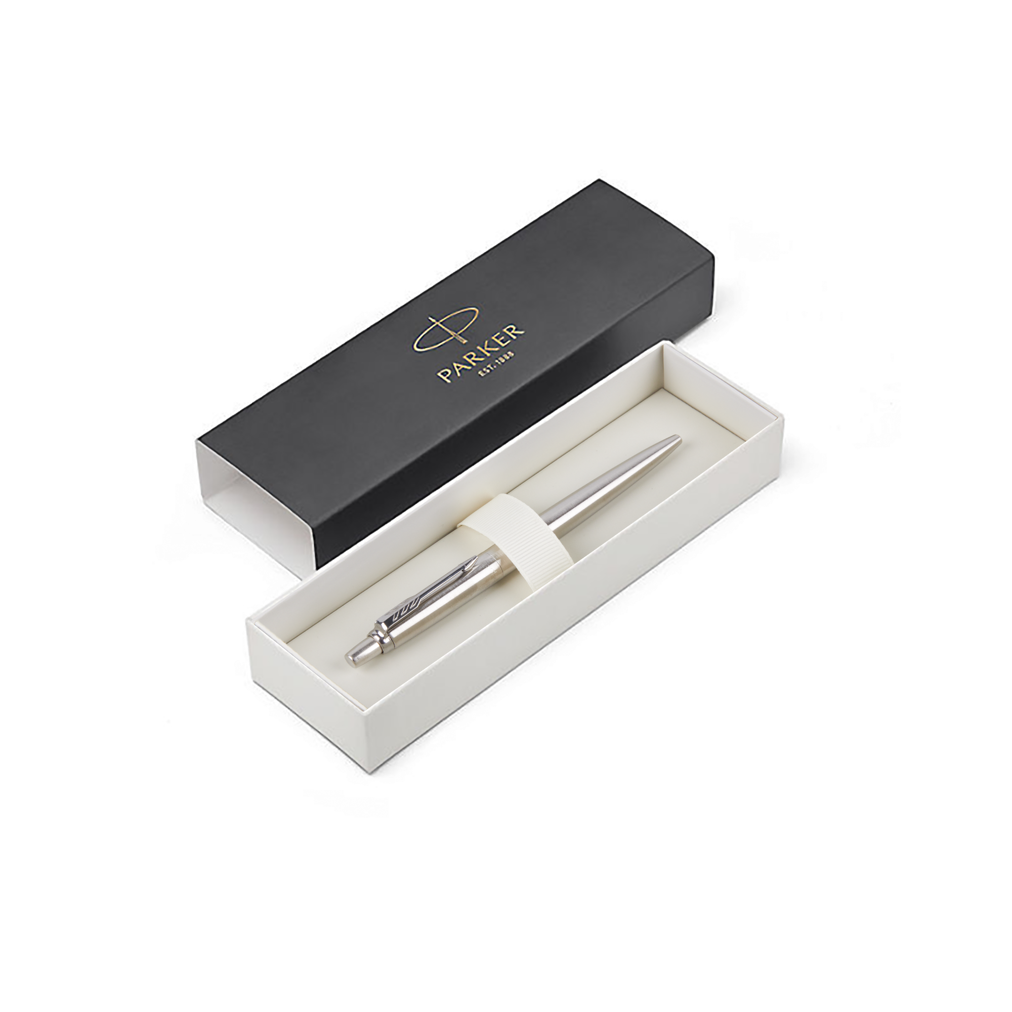 Zilverkleurige Parker pen met naamgravure in een stijlvolle zwarte geschenkdoos, personaliseerbaar met tekst