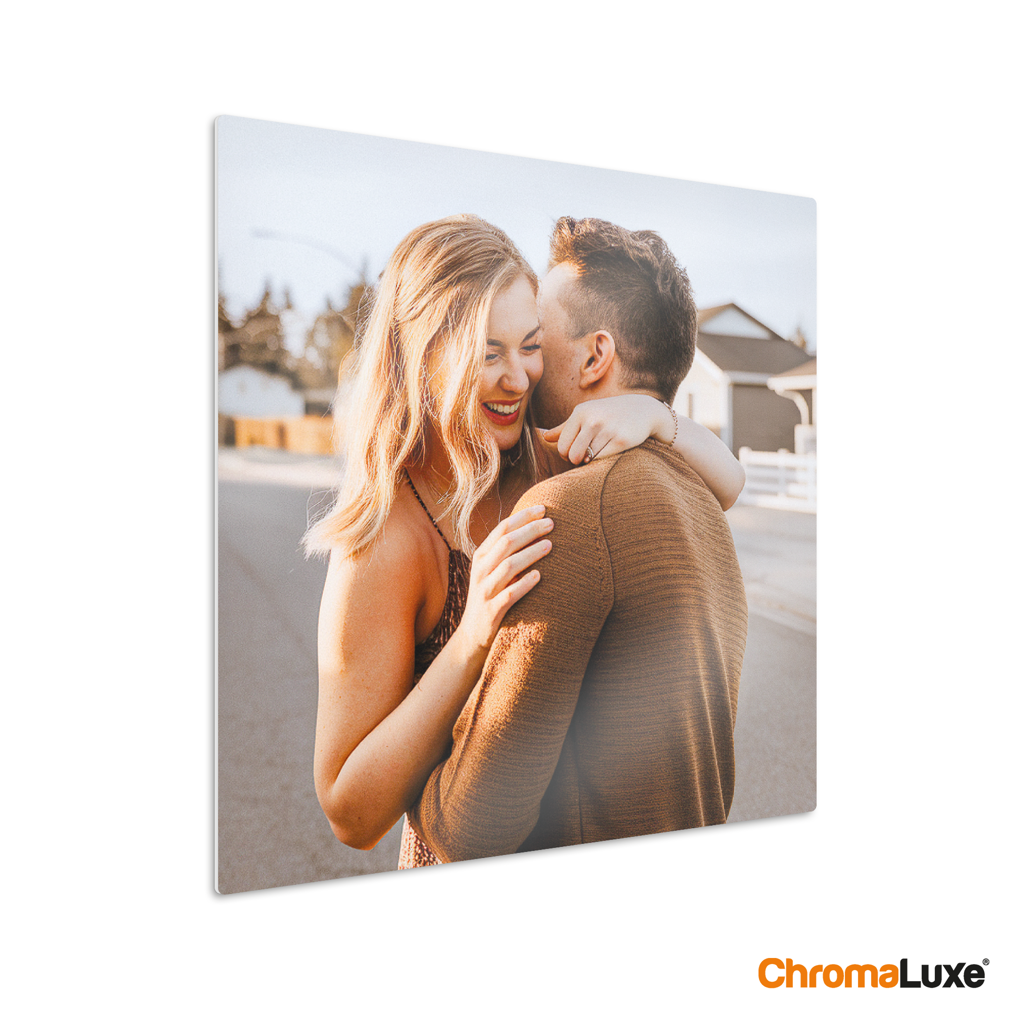 Instacollage aluminium personnalisé avec une photo de couple souriant, parfait pour vos photos Instagram.
