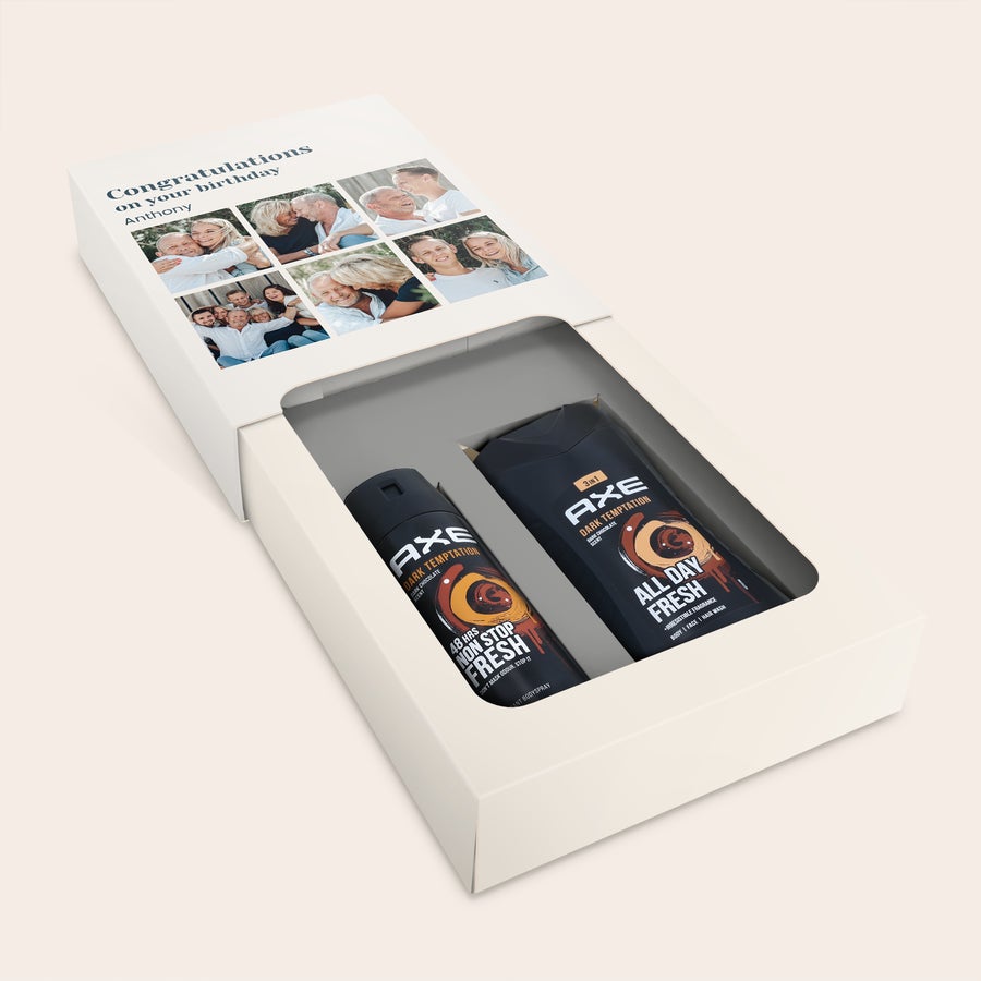 Set regalo personalizzato Axe - Dark Temptation Set regalo Axe Dark Temptation con docciaschiuma e deodorante in una confezione con foto e nome "Anthony" stampati