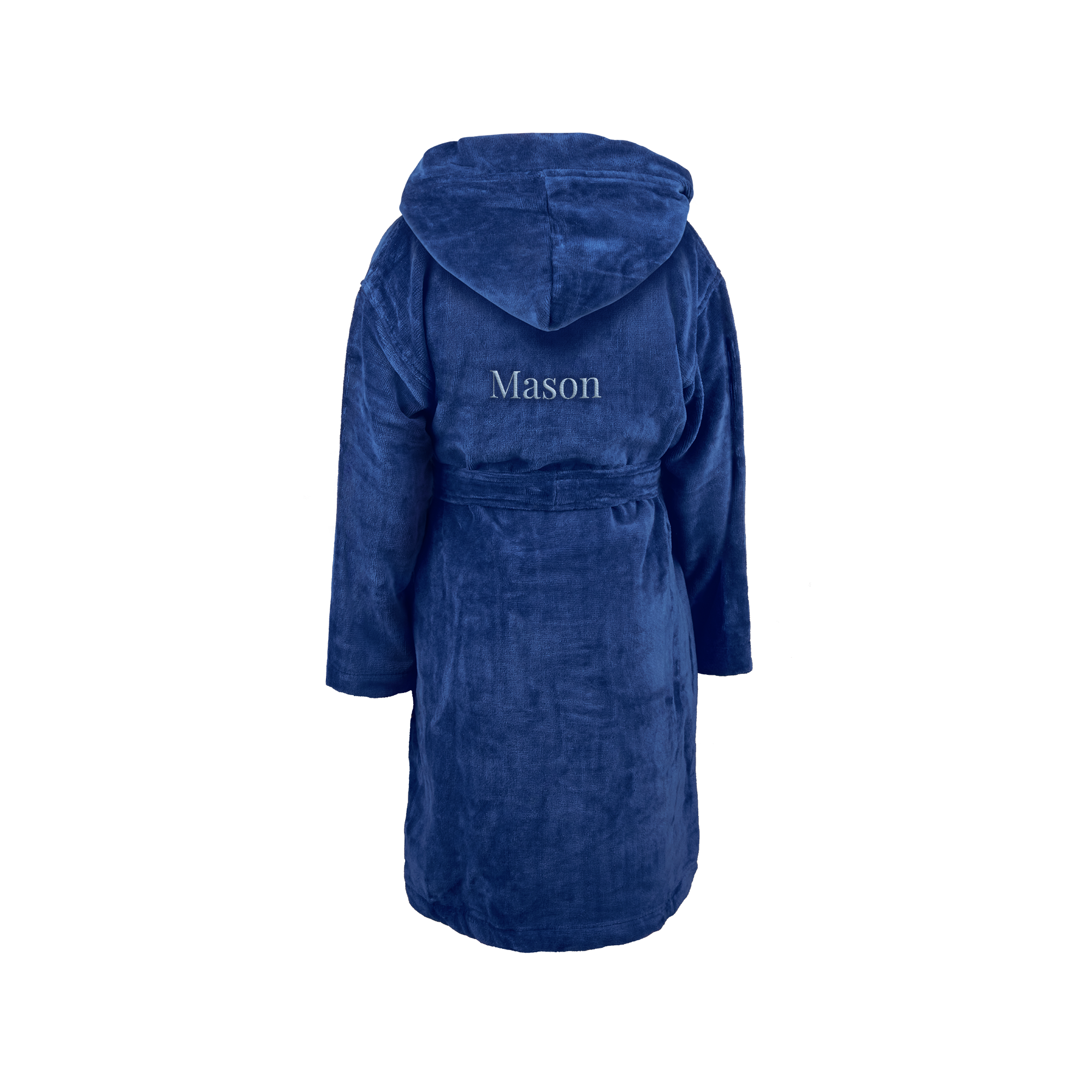 Blauwe kinderbadjas met capuchon, geborduurd met de naam Mason in grijze letters, superzachte stof