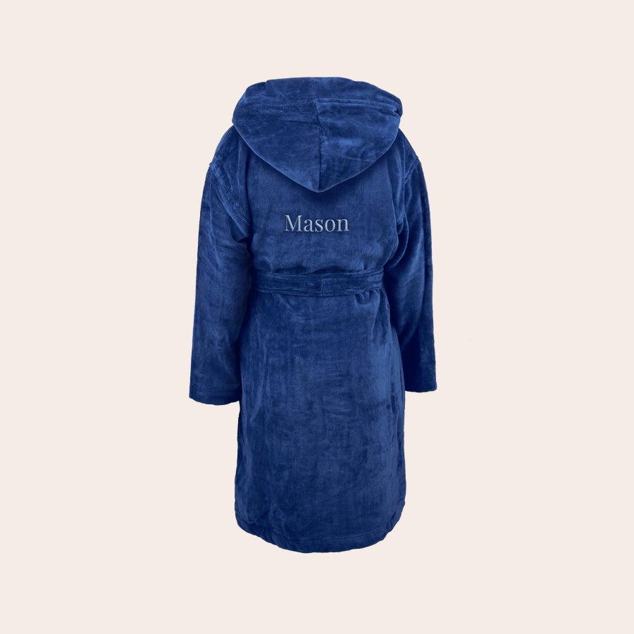 Badrock - barn Blå mjuk personlig badkappa för barn med huva och bälte, broderad med namnet "Mason".