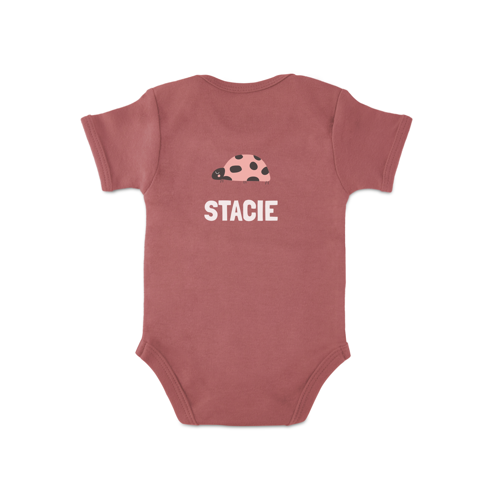 Body rose personnalisé pour bébé avec prénom Stacie imprimé et coccinelle