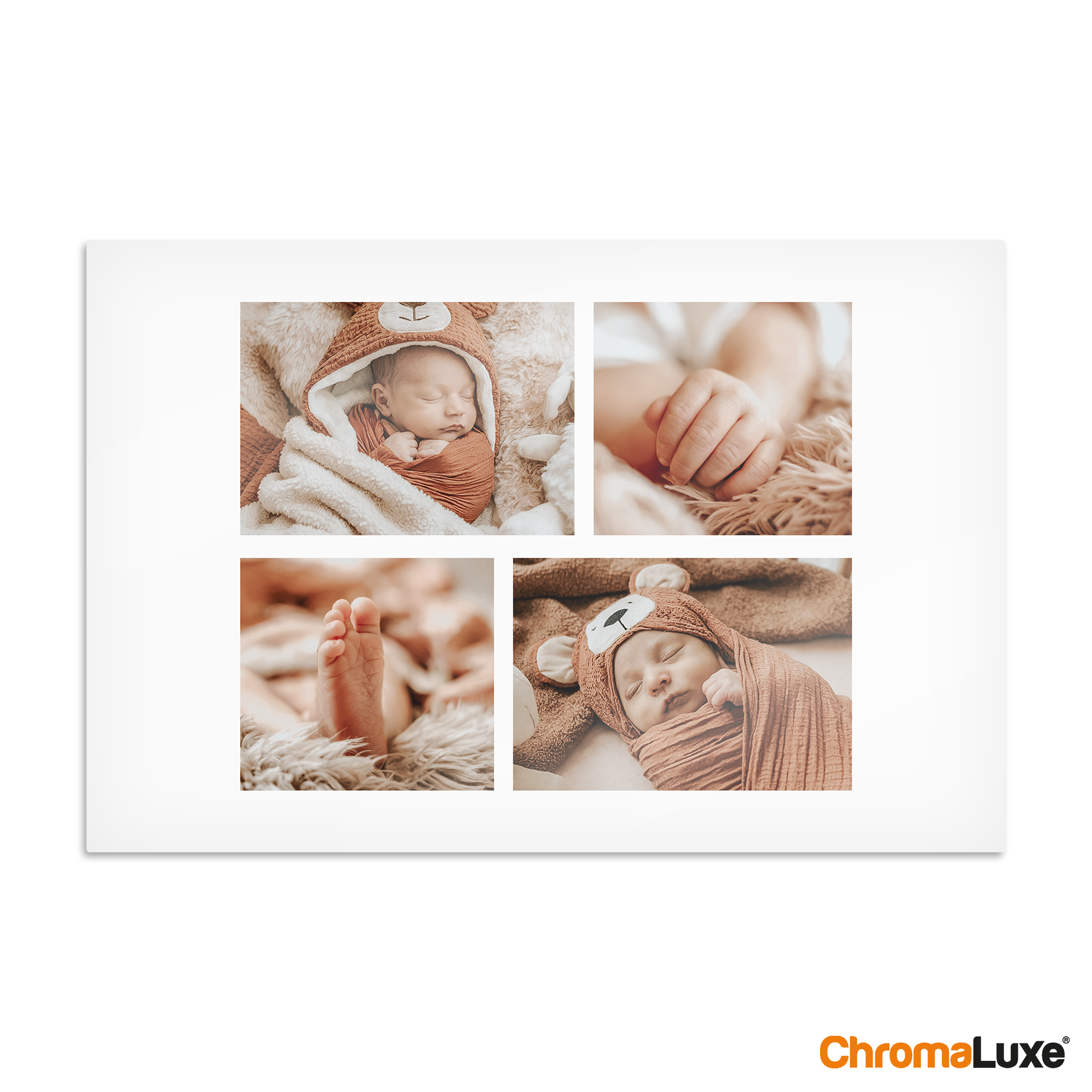 ChromaLuxe aluminium fotopaneel bedrukt met een collage van 4 babyfotos, een origineel cadeau