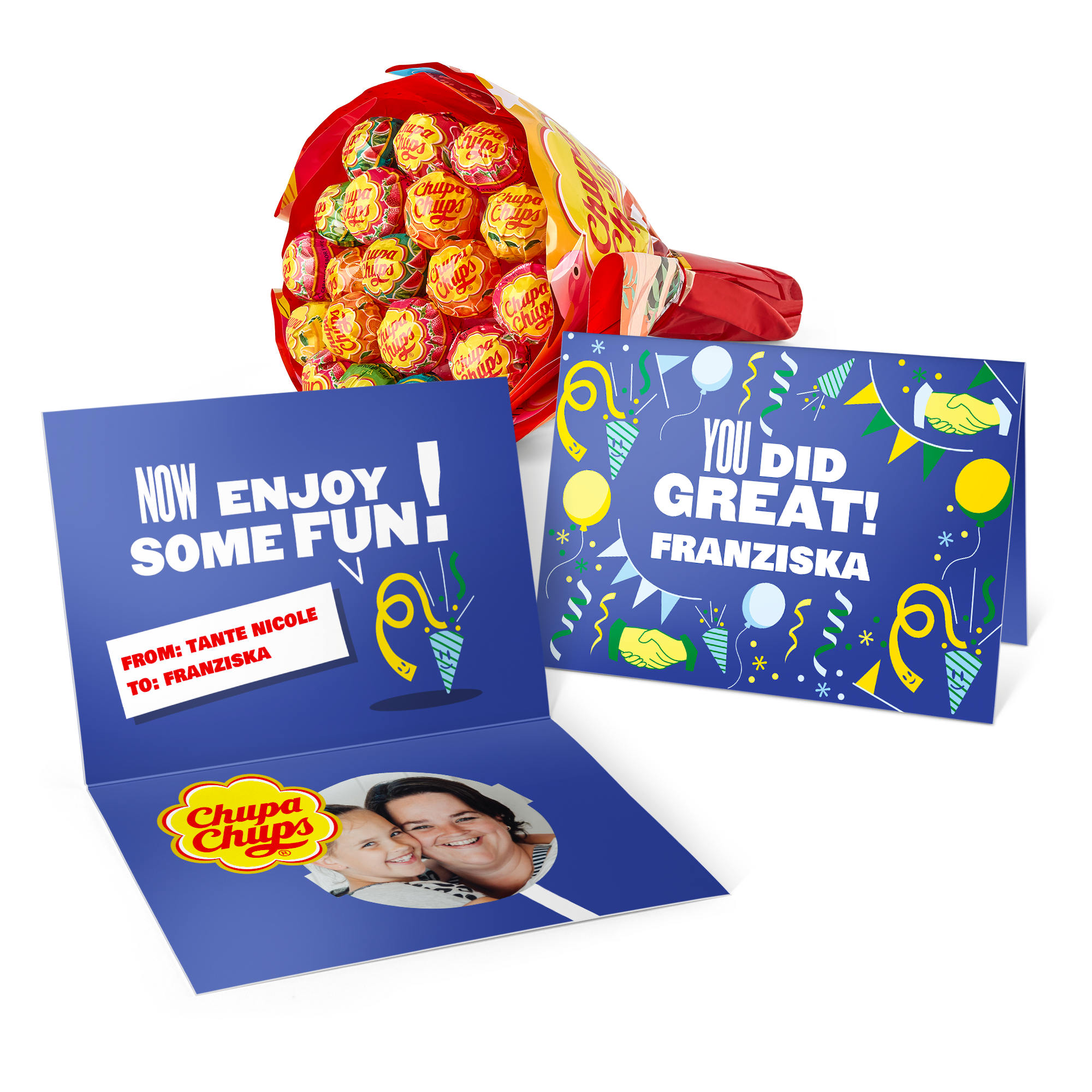 Chupa Chups Lolly Blumenstrauß mit persönlicher Grußkarte, bedruckt mit Foto, Namen "Tante Nicole" und "Franziska" und Text "You Did Great!".