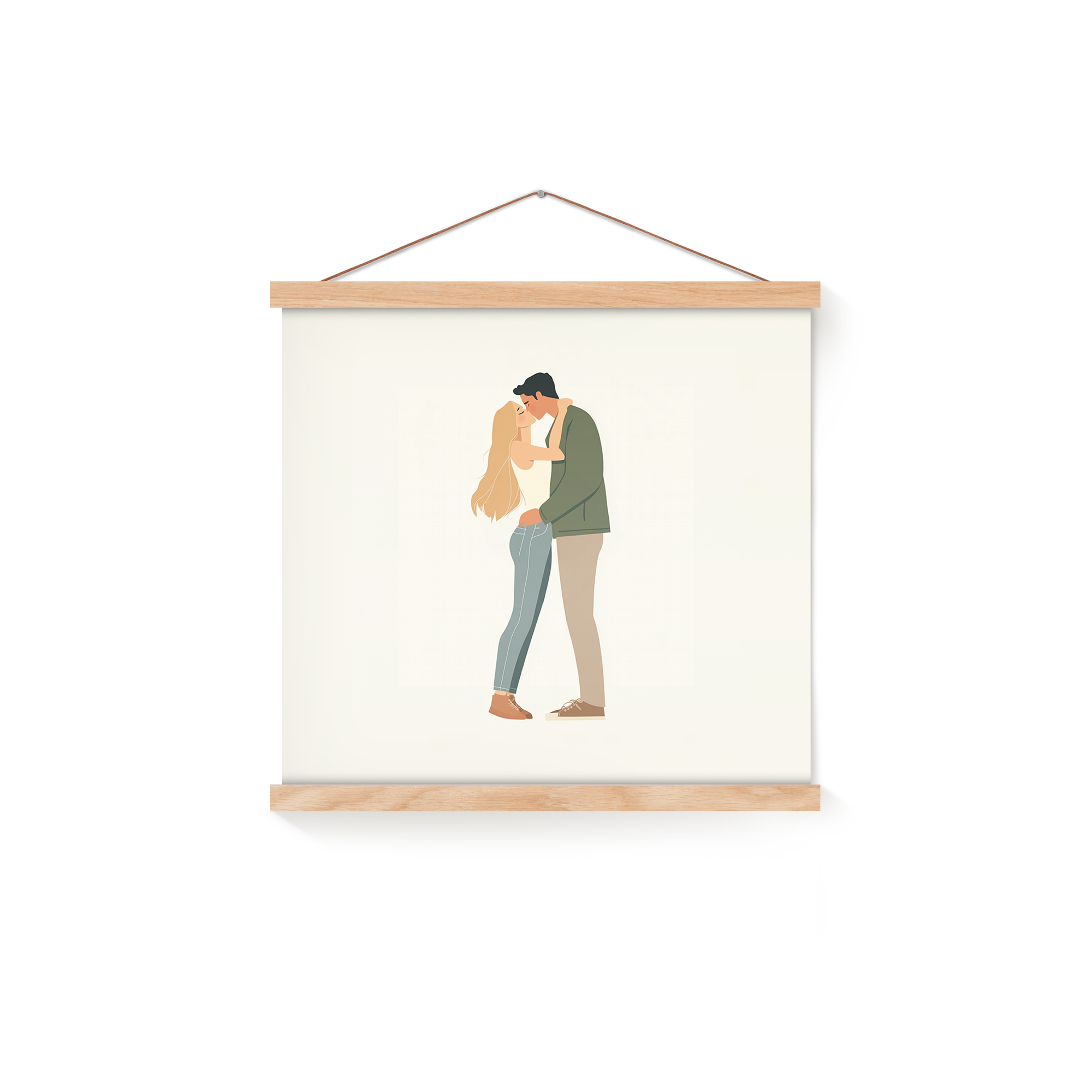 Poster da parete personalizzato con illustrazione di coppia stampata tra le aste in legno di quercia